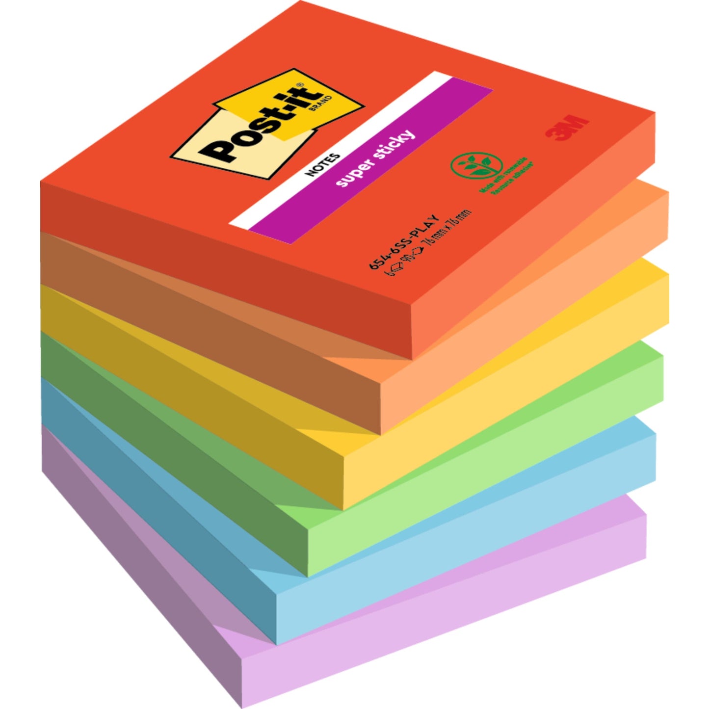 Post-it® Haftnotiz Super Sticky Notes Playful Collection 76 x 76 mm (B x H) je 1 x ultrarot, vitalorange, ultragelb, limonengrün, paradiseblau, flieder 90 Bl./Block 6 Block/Pack.