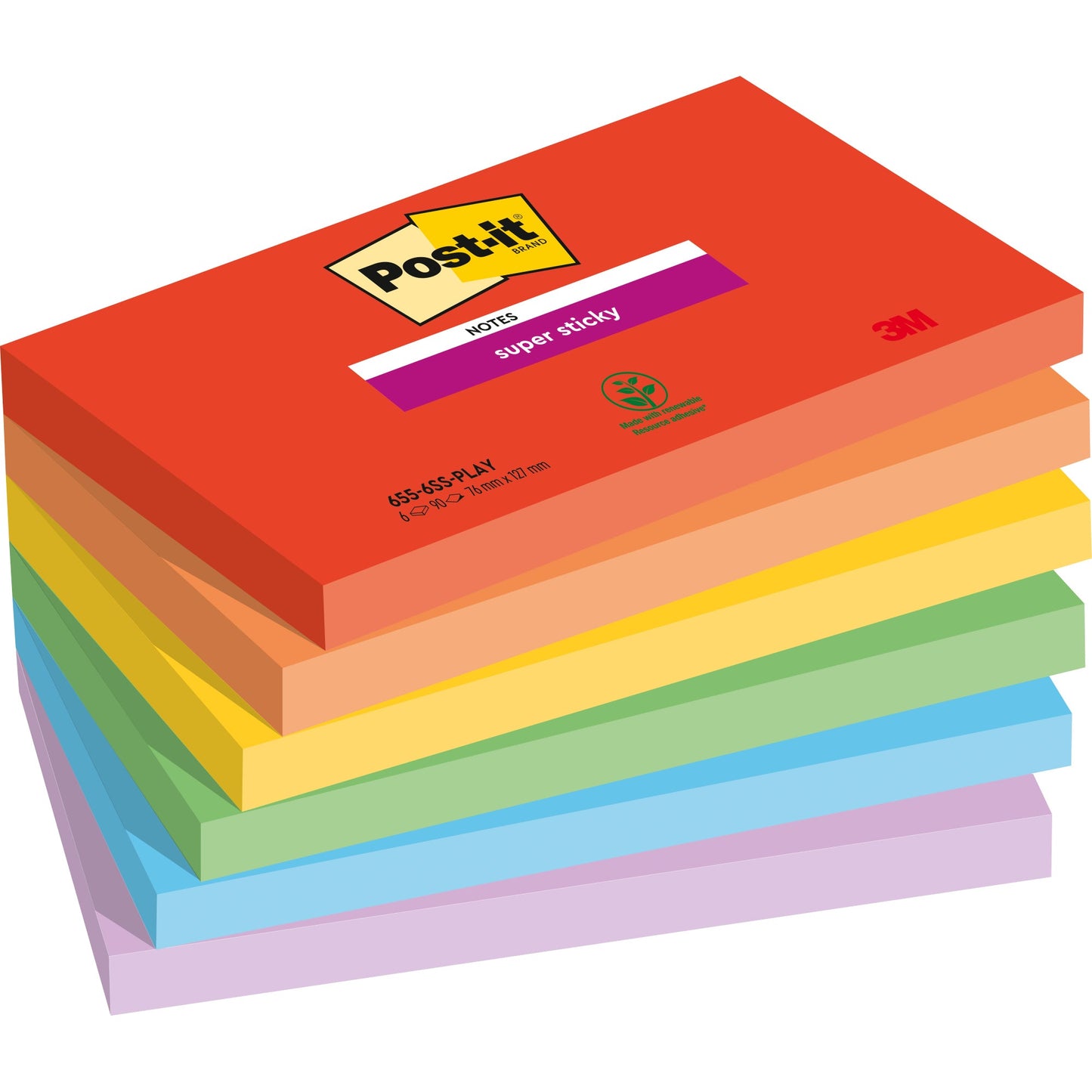 Post-it® Haftnotiz Super Sticky Notes Playful Collection 127 x 76 mm (B x H) je 1 x ultrarot, vitalorange, ultragelb, limonengrün, paradiseblau, flieder 90 Bl./Block 6 Block/Pack.