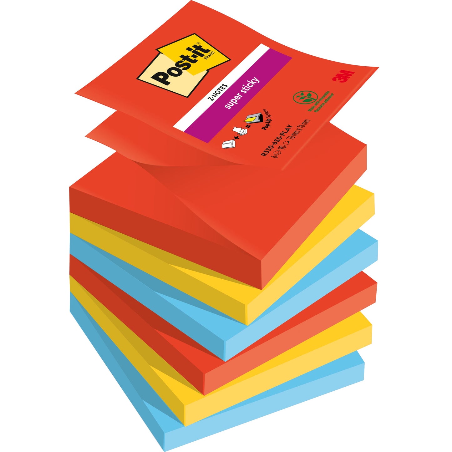 Post-it® Haftnotiz Super Sticky Z-Notes Playful Collection 76 x 76 mm (B x H) je 2 x ultrarot, ultragelb, paradiseblau 90 Bl./Block 6 Block/Pack.