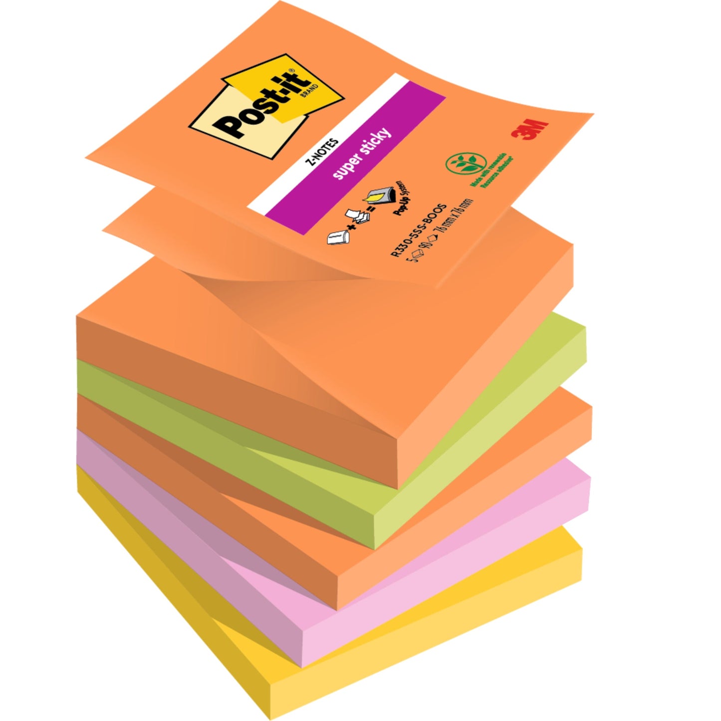 Post-it® Haftnotiz Super Sticky Z-Notes Boost Collection 76 x 76 mm (B x H) vitalorange, limonengrün, tropicalpink, ultragelb 90 Bl./Block 5 Block/Pack.
