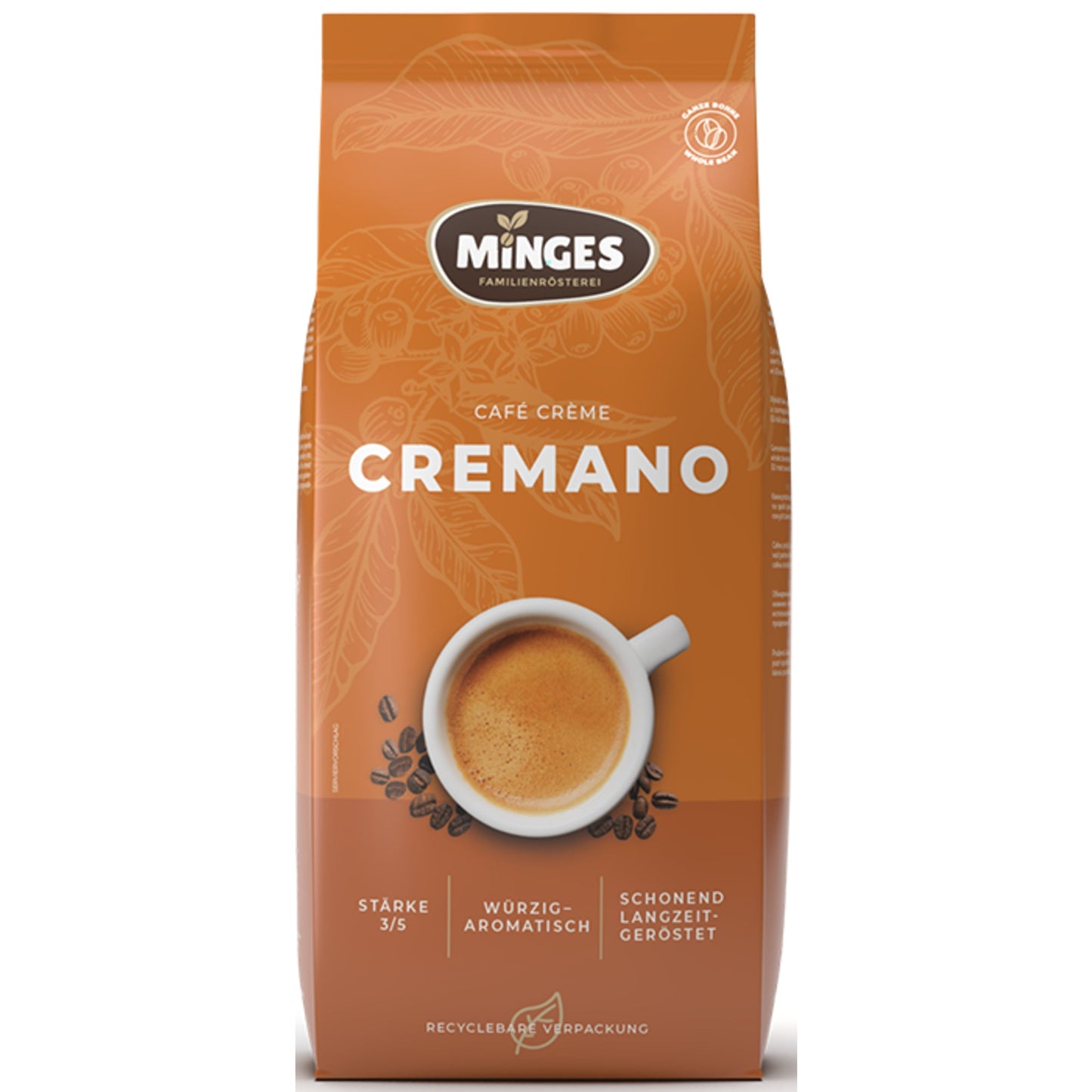 Minges Kaffee Caffè Cremano würzig, aromatisch ganze Bohne 1.000 g/Pack.