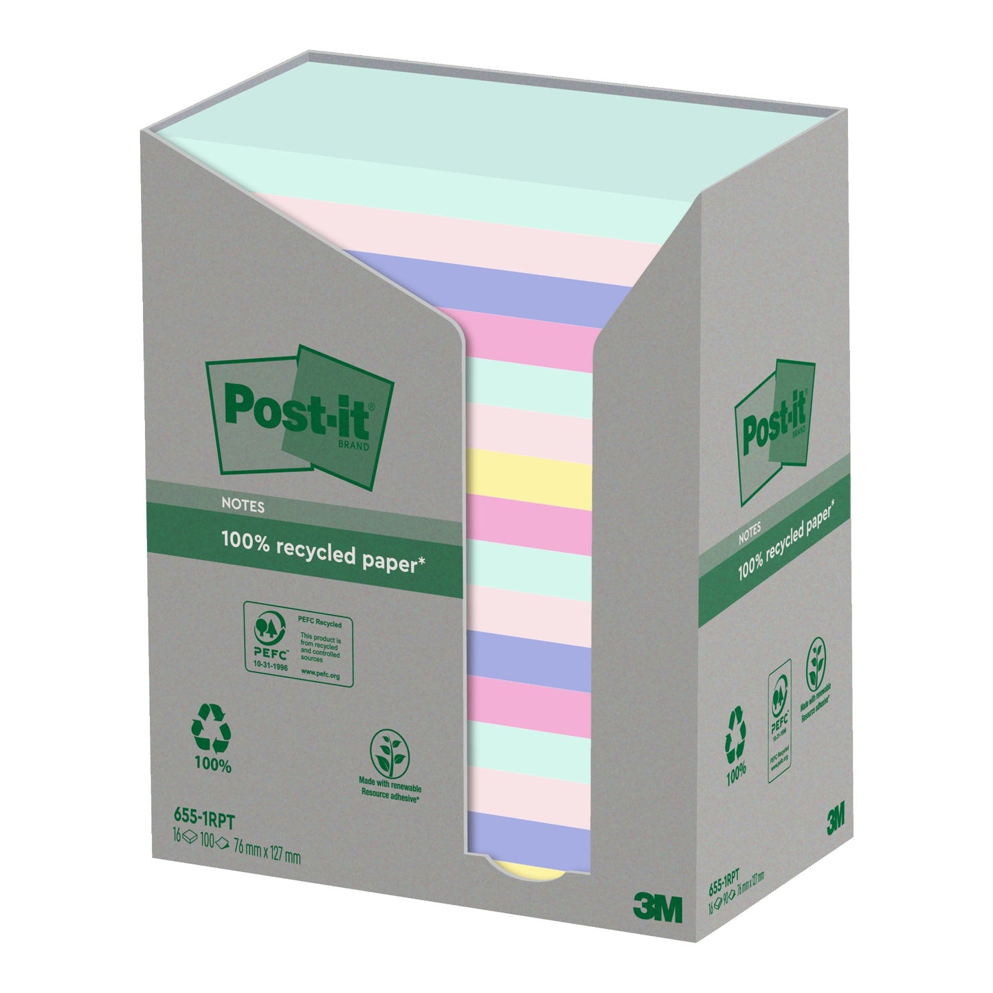 Post-it® Haftnotiz Recycling Notes Tower Pastell Rainbow 127 x 76 mm (B x H) je 4 x mint, rosa, je 3 x hellblau, flamingopink, 2 x gelb 100 Bl./Block 16 Block/Pack.