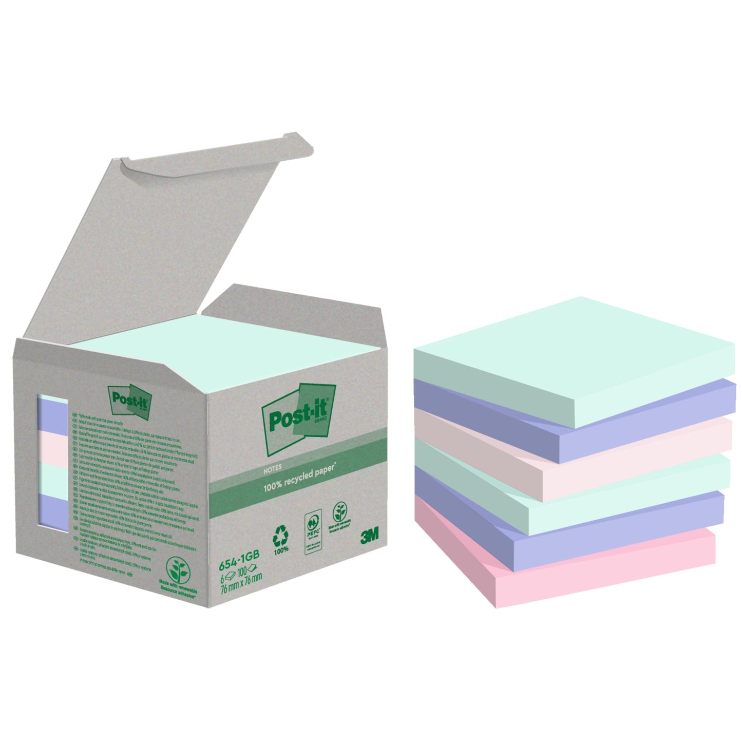 Post-it® Haftnotiz Recycling Notes Tower Pastell Rainbow 76 x 76 mm (B x H) je 2 x mint, hellblau, je 1 x rosa, flamingopink 100 Bl./Block 6 Block/Pack.