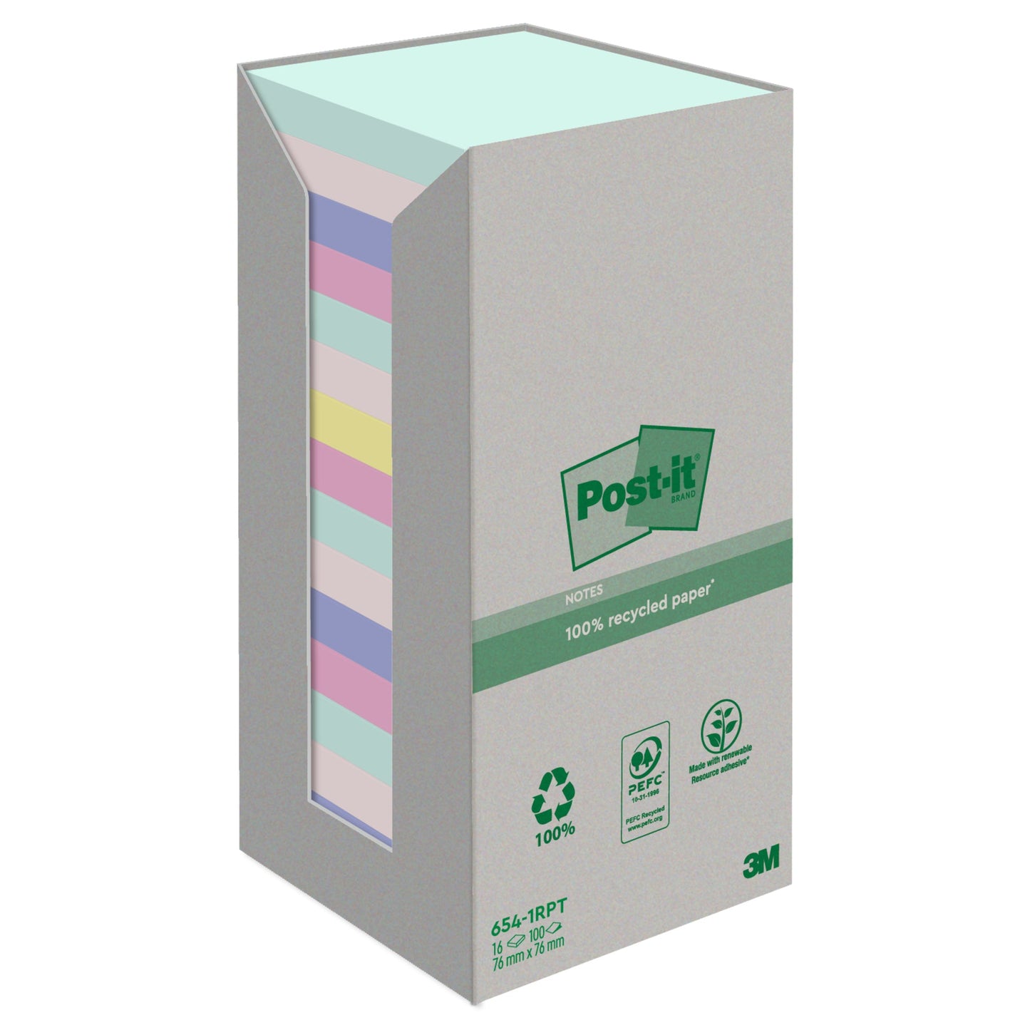 Post-it® Haftnotiz Recycling Notes Tower Pastell Rainbow 76 x 76 mm (B x H) je 4 x mint, rosa, flamingopink, je 3 x hellblau, 1 x gelb 100 Bl./Block 16 Block/Pack.