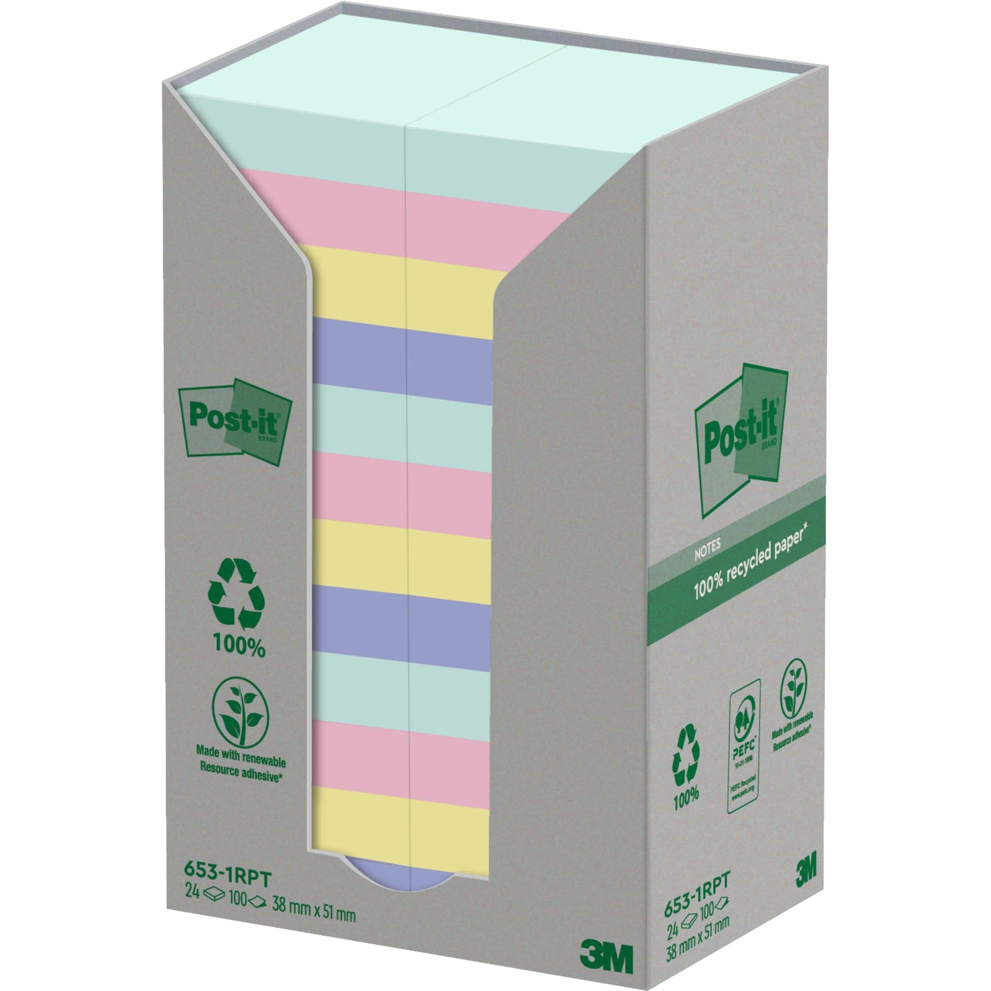 Post-it® Haftnotiz Recycling Notes Tower Pastell Rainbow 38 x 51 mm (B x H) je 6 x mint, flamingopink, hellblau, gelb 100 Bl./Block 24 Block/Pack.