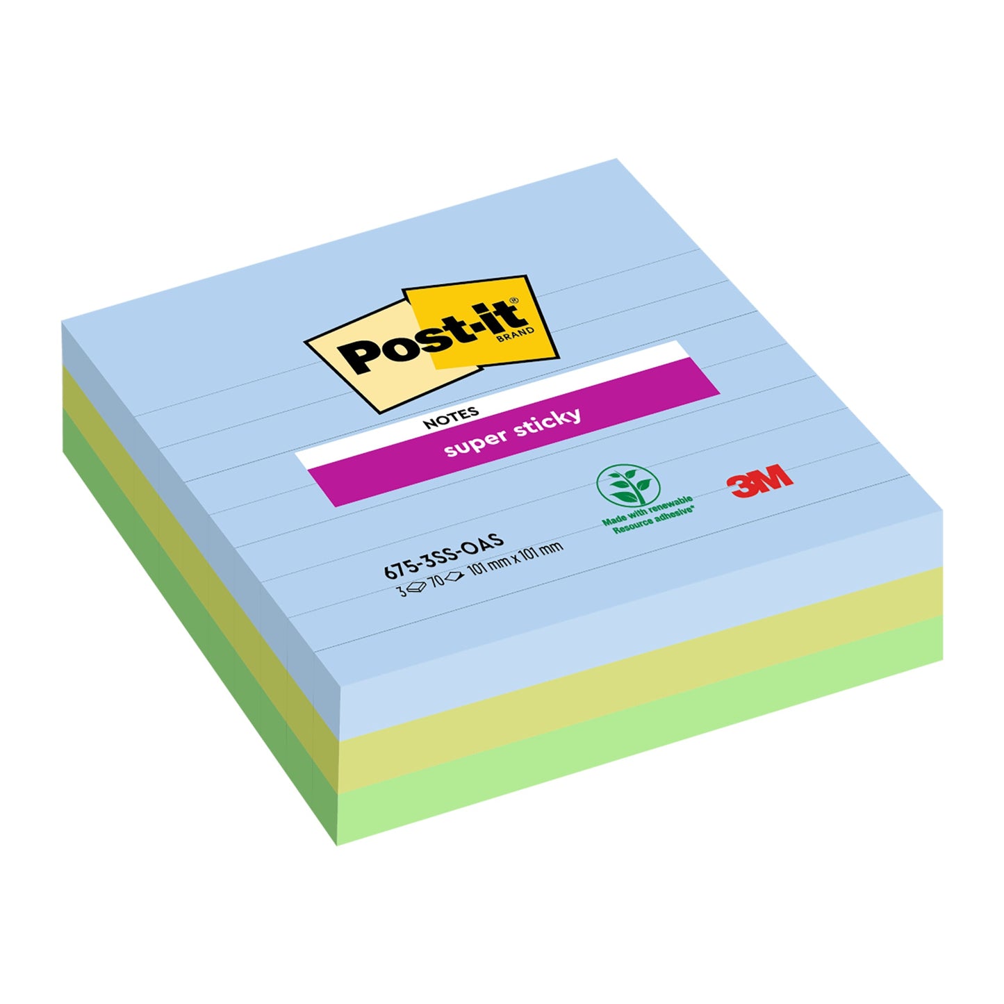 Post-it® Haftnotiz Super Sticky Notes Oasis Collection 101 x 101 mm (B x H) je 1 x denimblau, limonengrün, immergrün 70 Bl./Block 3 Block/Pack.