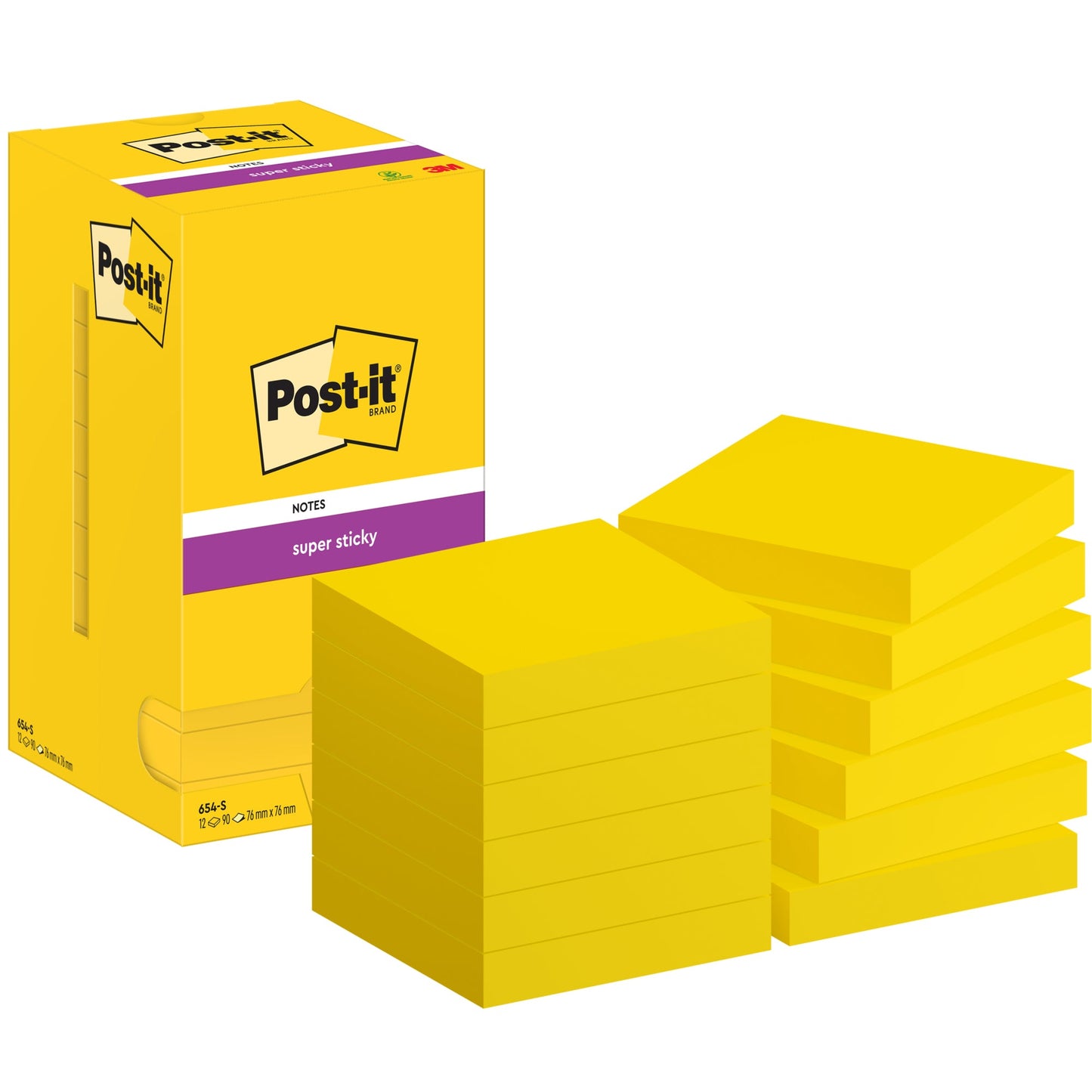 Post-it® Haftnotiz Super Sticky Notes 76 x 76 mm (B x H) ultragelb 90 Bl./Block 12 Block/Pack.