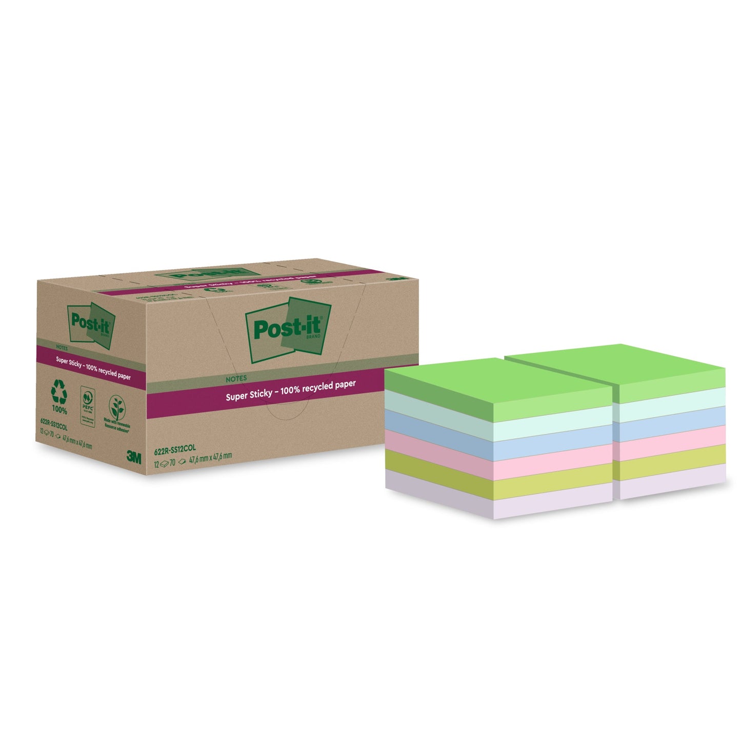 Post-it® Haftnotiz Super Sticky Recycling Notes 47,6 x 47,6 cm (B x H) mehrfarbig 70 Bl./Block 12 Block/Pack.
