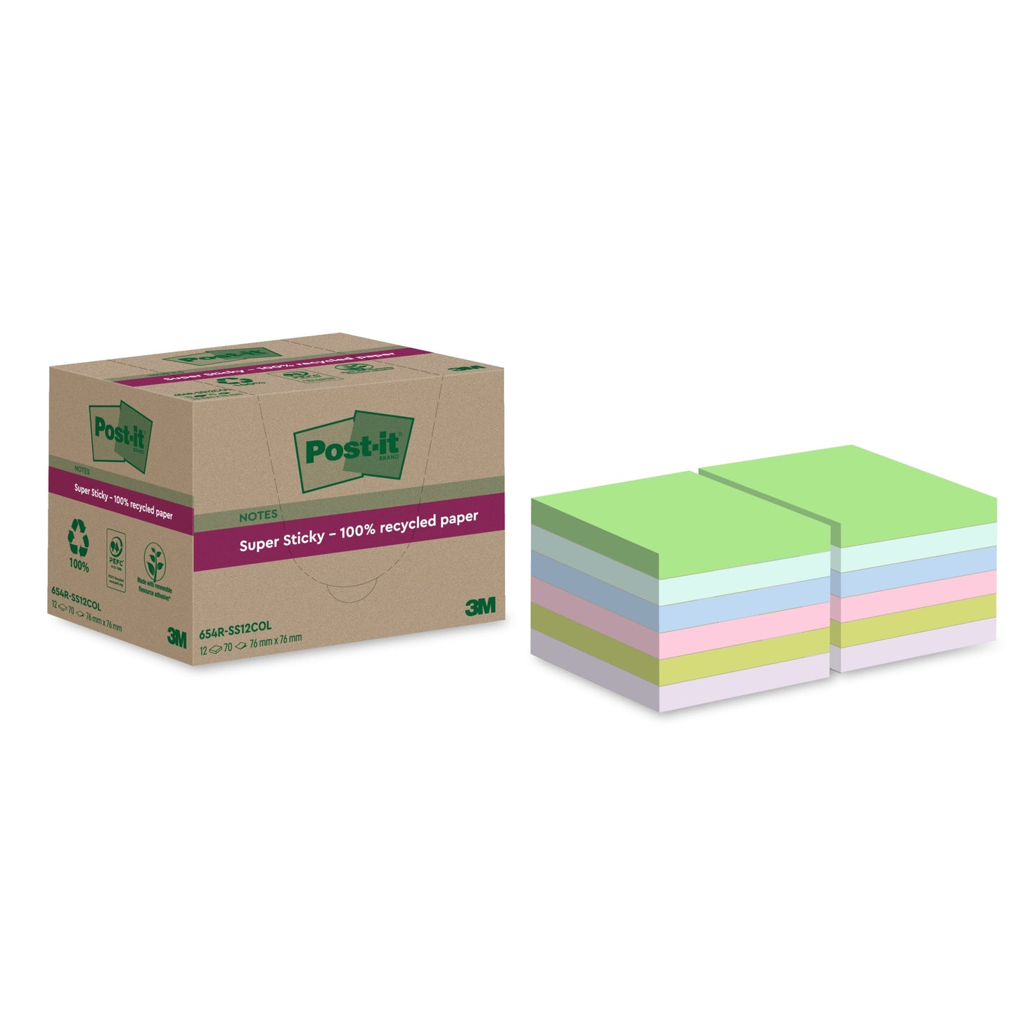 Post-it® Haftnotiz Super Sticky Recycling Notes 76 x 76 mm (B x H) mehrfarbig 70 Bl./Block 12 Block/Pack.