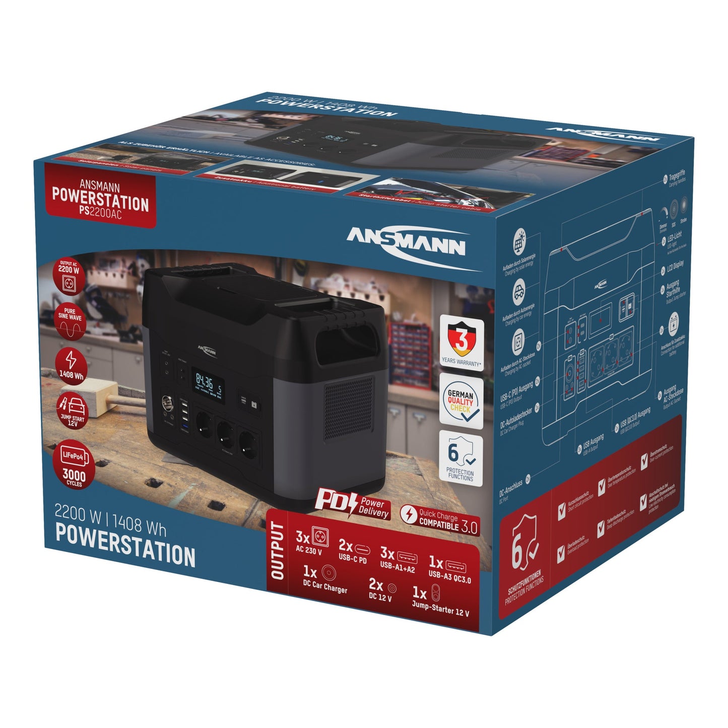 ANSMANN Powerstation PS2200AC 360 x 270 x 280 mm (B x H x T) Anschlussart: 3 x AC-Steckdosen, 2 x USB-C PD, 3 x USB A, 1 x USB-A QC, 1 x Autoadapter, 2 x DC5521,12 V/10 A, max. 120 W, 1 x Jump-Starter 12 V Leistungsaufnahme: 200W