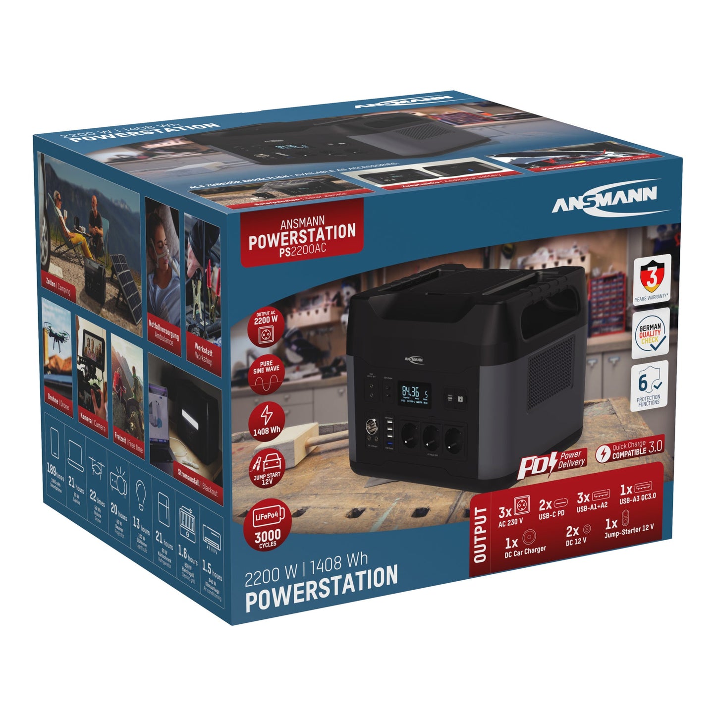ANSMANN Powerstation PS2200AC 360 x 270 x 280 mm (B x H x T) Anschlussart: 3 x AC-Steckdosen, 2 x USB-C PD, 3 x USB A, 1 x USB-A QC, 1 x Autoadapter, 2 x DC5521,12 V/10 A, max. 120 W, 1 x Jump-Starter 12 V Leistungsaufnahme: 200W