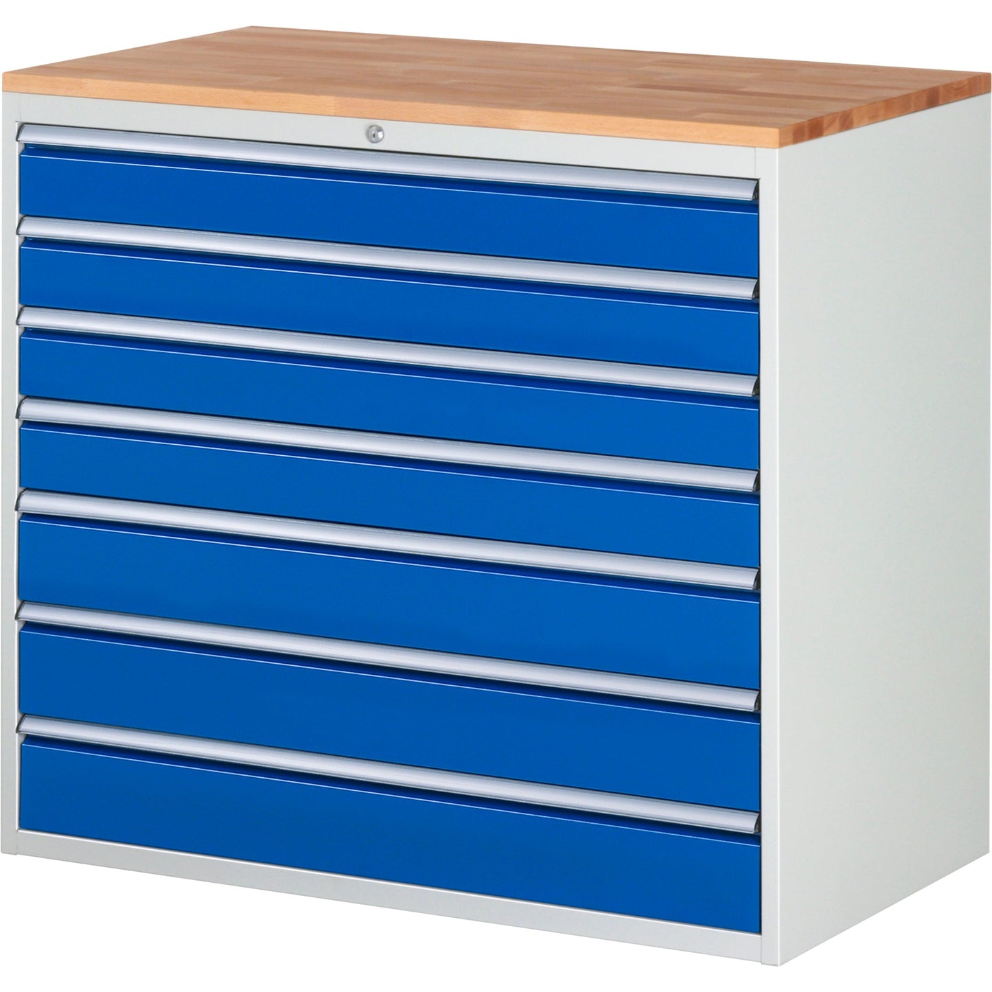 RAU Schubladenschrank 7000 1.145 x 1.035 x 650 mm (B x H x T) 7 Schubladen Farbe der Front: enzianblau Farbe des Korpus: lichtgrau