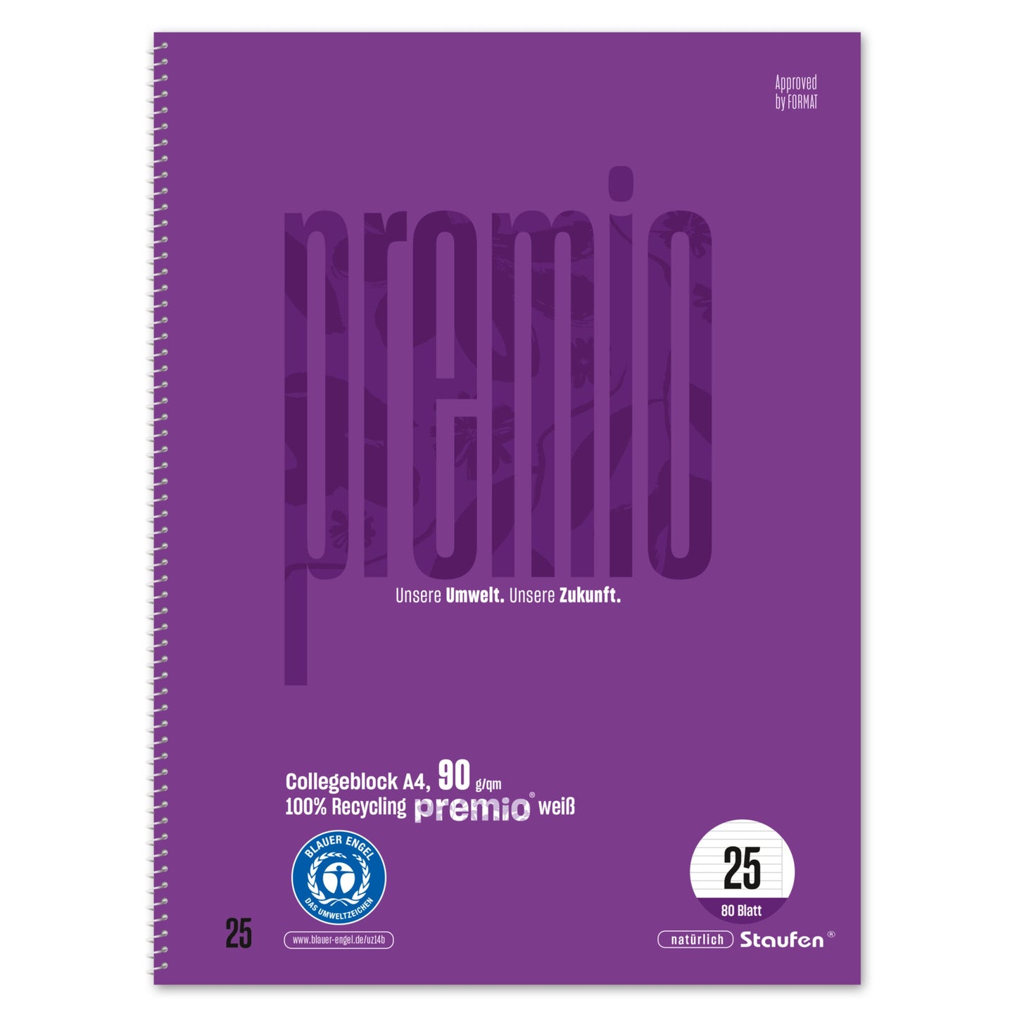Staufen Collegeblock Premio DIN A4 liniert mit Rand 90g/m² violett 80 Bl.