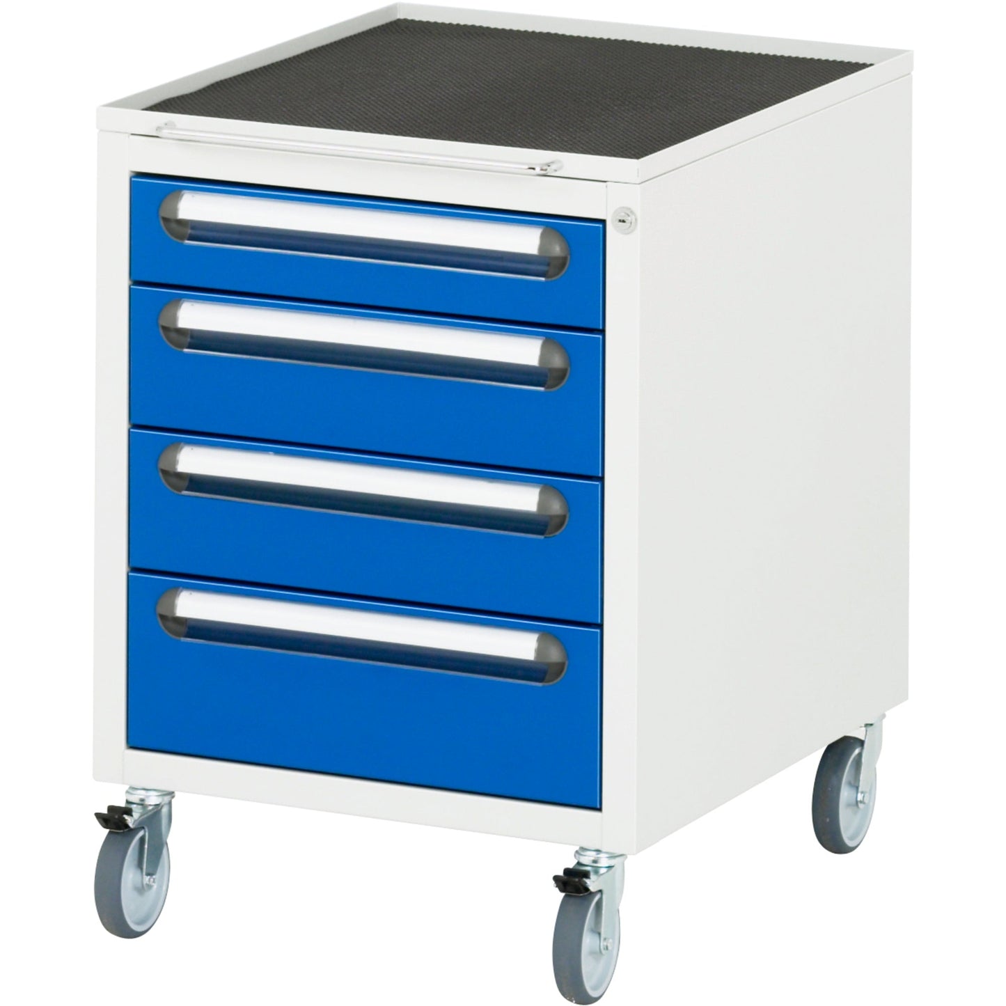 RAU Rollcontainer 480 x 690 x 600 mm (B x H x T) 4 Schubladen Stahl, pulverbeschichtet enzianblau lichtgrau