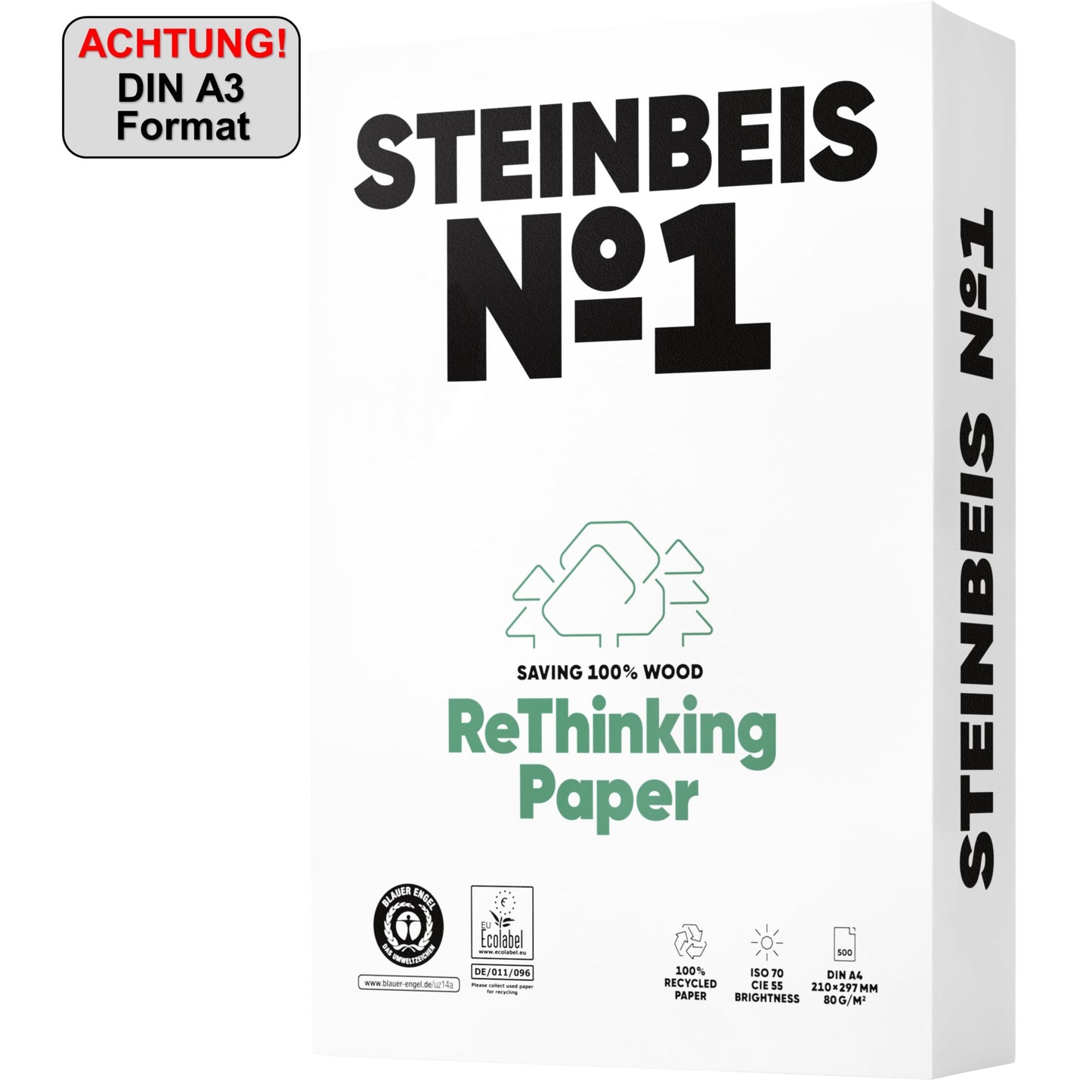 Steinbeis Kopierpapier No. 1 Classic White DIN A3 80g/m² 100 % recycelt, chlorfrei gebleicht weiß 500 Bl./Pack.