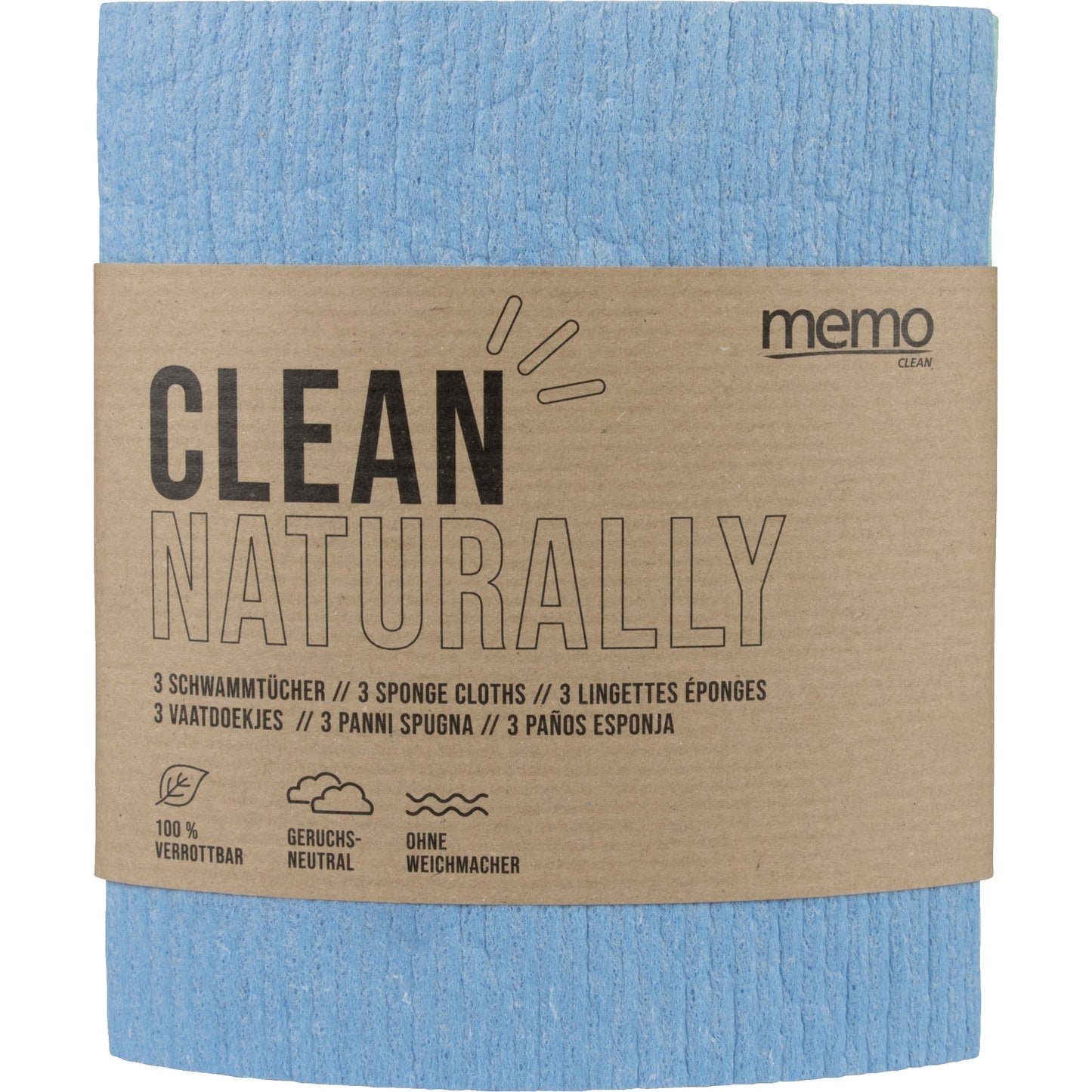 memo Schwammtücher Clean Naturally 17 x 19,5 cm (B x L) Zellulose/Baumwollfasern/Glaubersalz farbig sortiert 3 St./Pack.