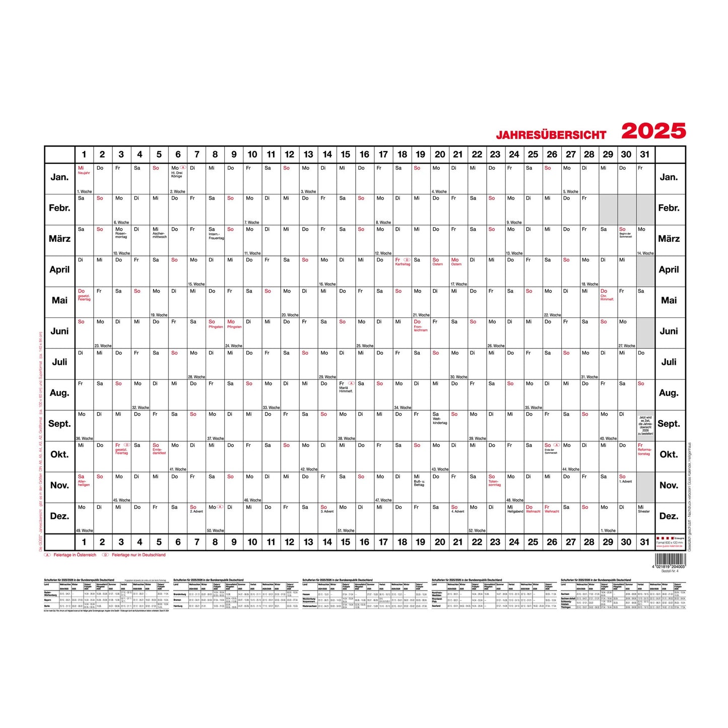 GÜSS® Plakatkalender 2026 140 x 84 cm (B x H) 12 Monate/1 Seite Karton