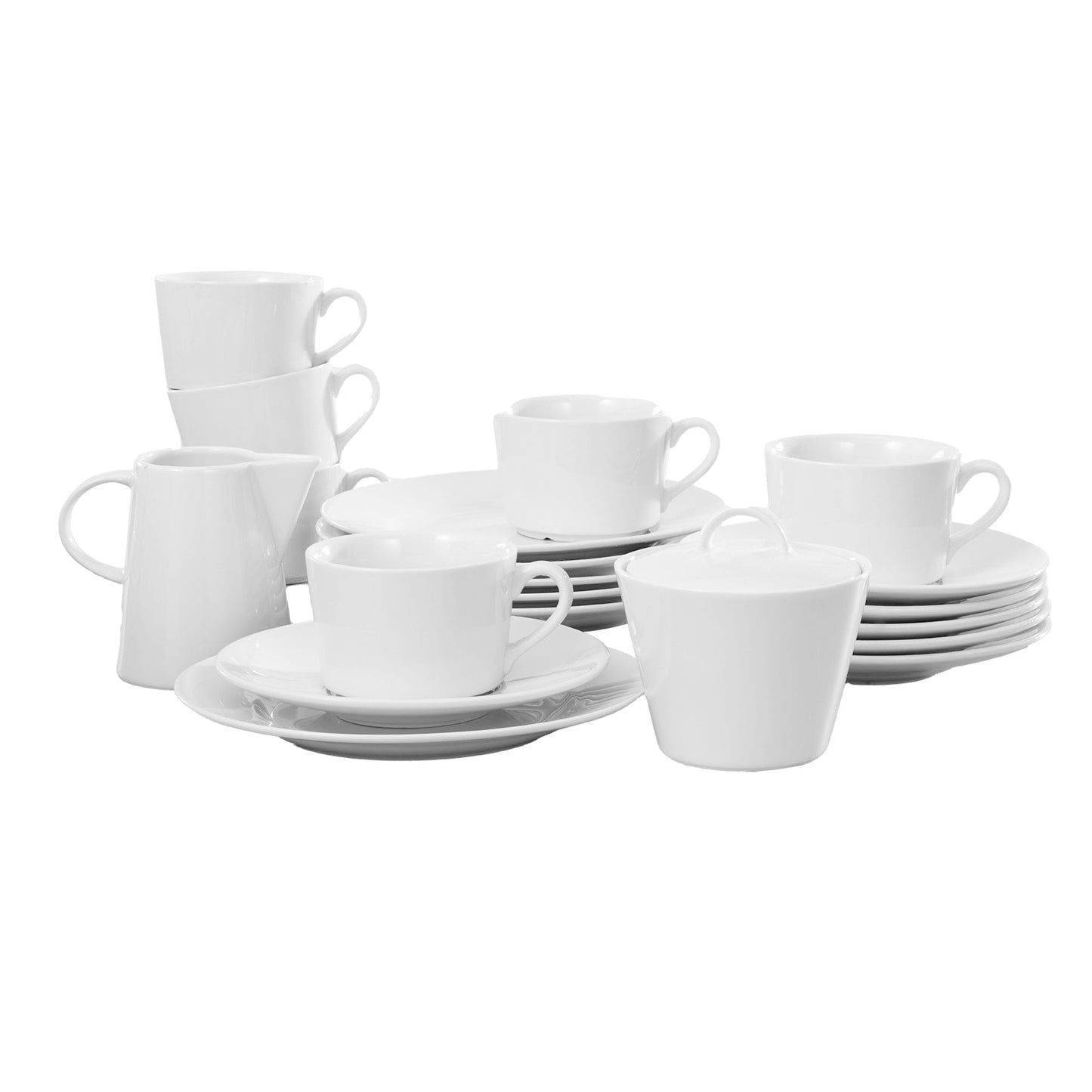 Esmeyer® Kaffeeservice 6 x Tassen, Untertassen, Dessertteller, 1 x Zuckerdose, 1 x Milchkännchen Porzellan weiß