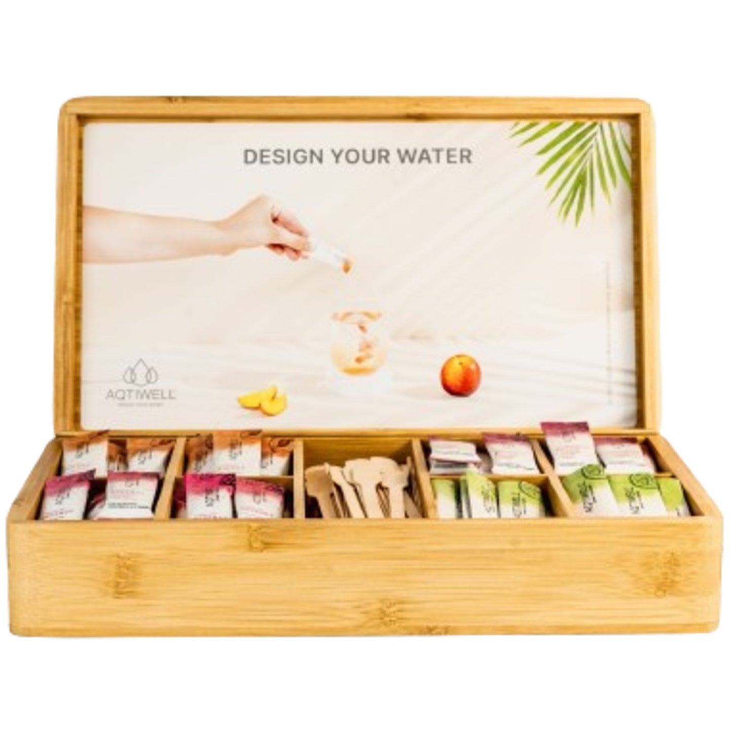 Aqtiwell® Getränkepulver Office Hydration Box je 24 x Aqtiwell® ENERGY Pfirsich, DEFENCE Himbeere, REFRESH Limette, FOCUS Johannisbeere 96 x 2 g/Pack.