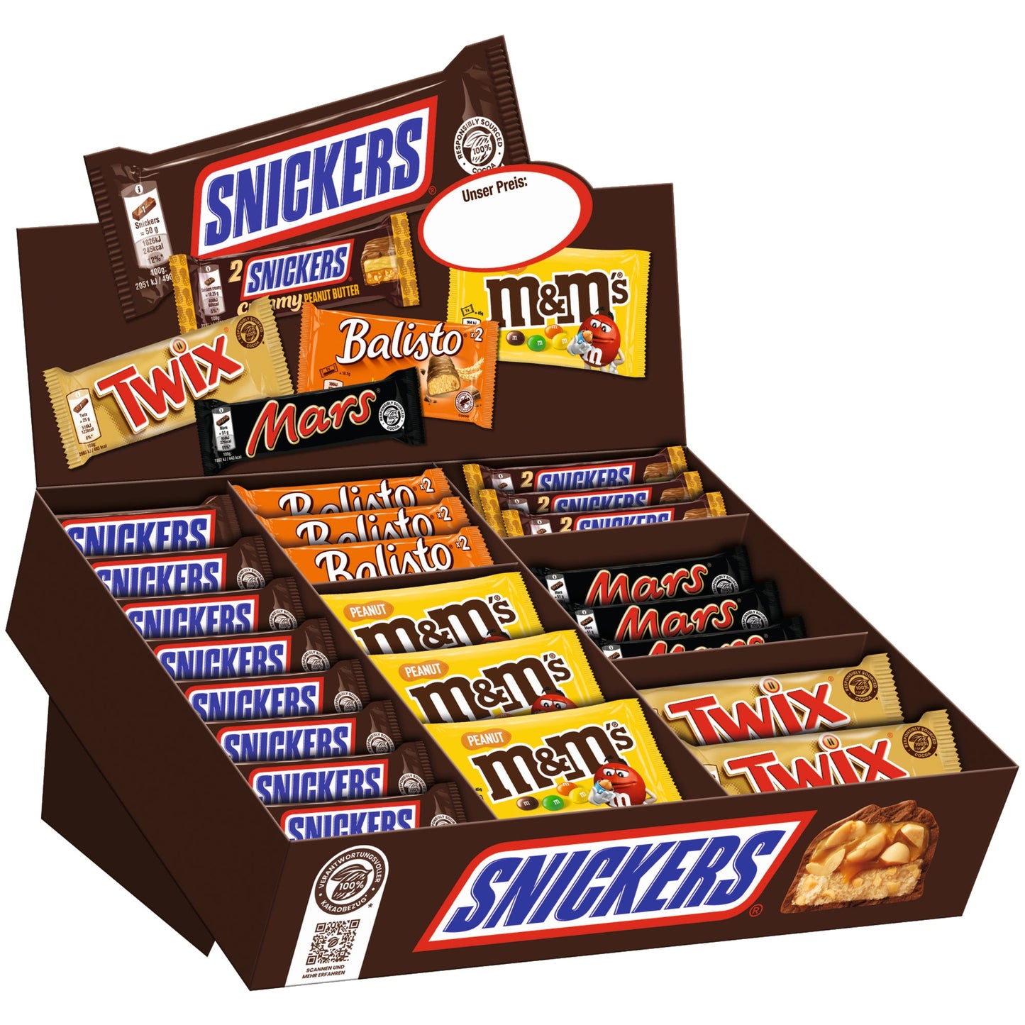 MARS® Schokoriegel Topseller Box 10 x Balisto Korn je 37 g, 12 x M&Ms Peanut je 45 g, 8 x Mars je 51 g, 26 x Snickers je 50 g, 8 x Twix je 50 g, 8 x Snickers Creamy Peanut Butter je 36,5 g 72 St./Pack.