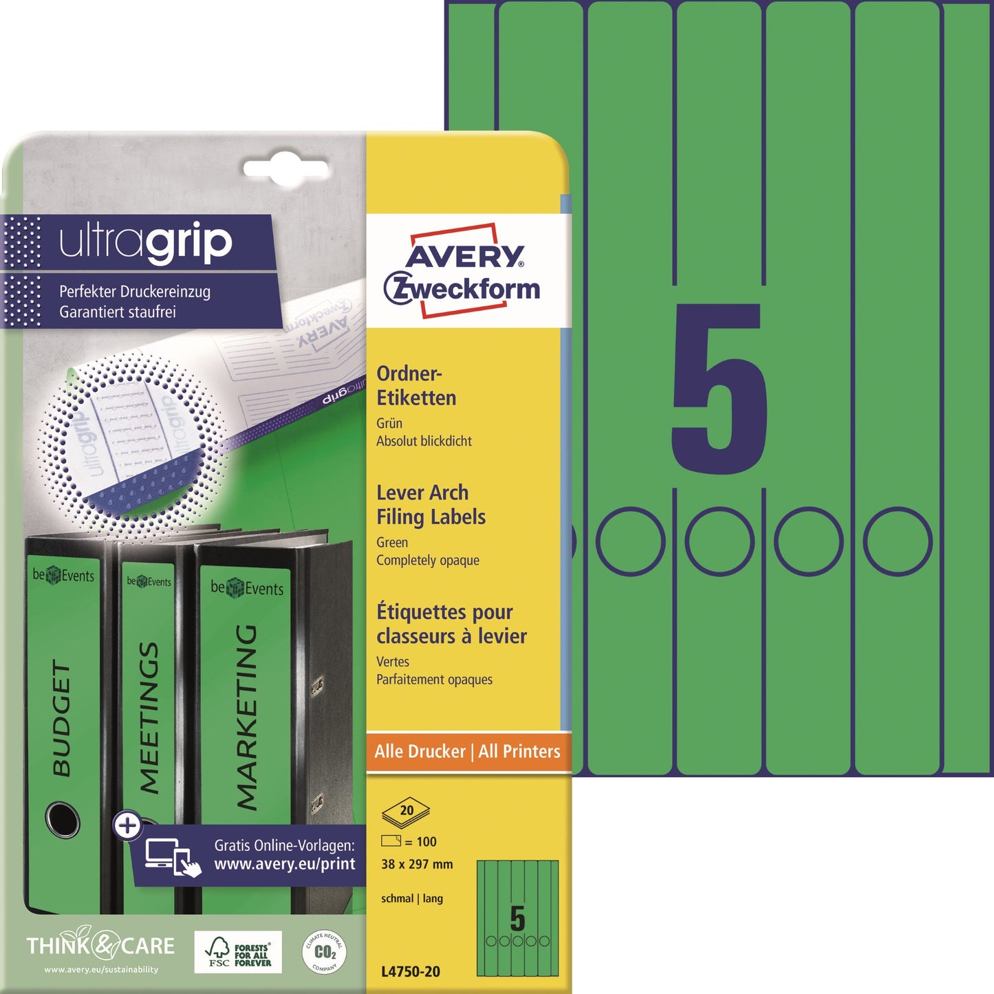 Avery Zweckform Ordnerrückenetikett ultragrip schmal/lang 38 x 297 mm (B x H) selbstklebend mit Griffloch grün 100 Etik./Pack.