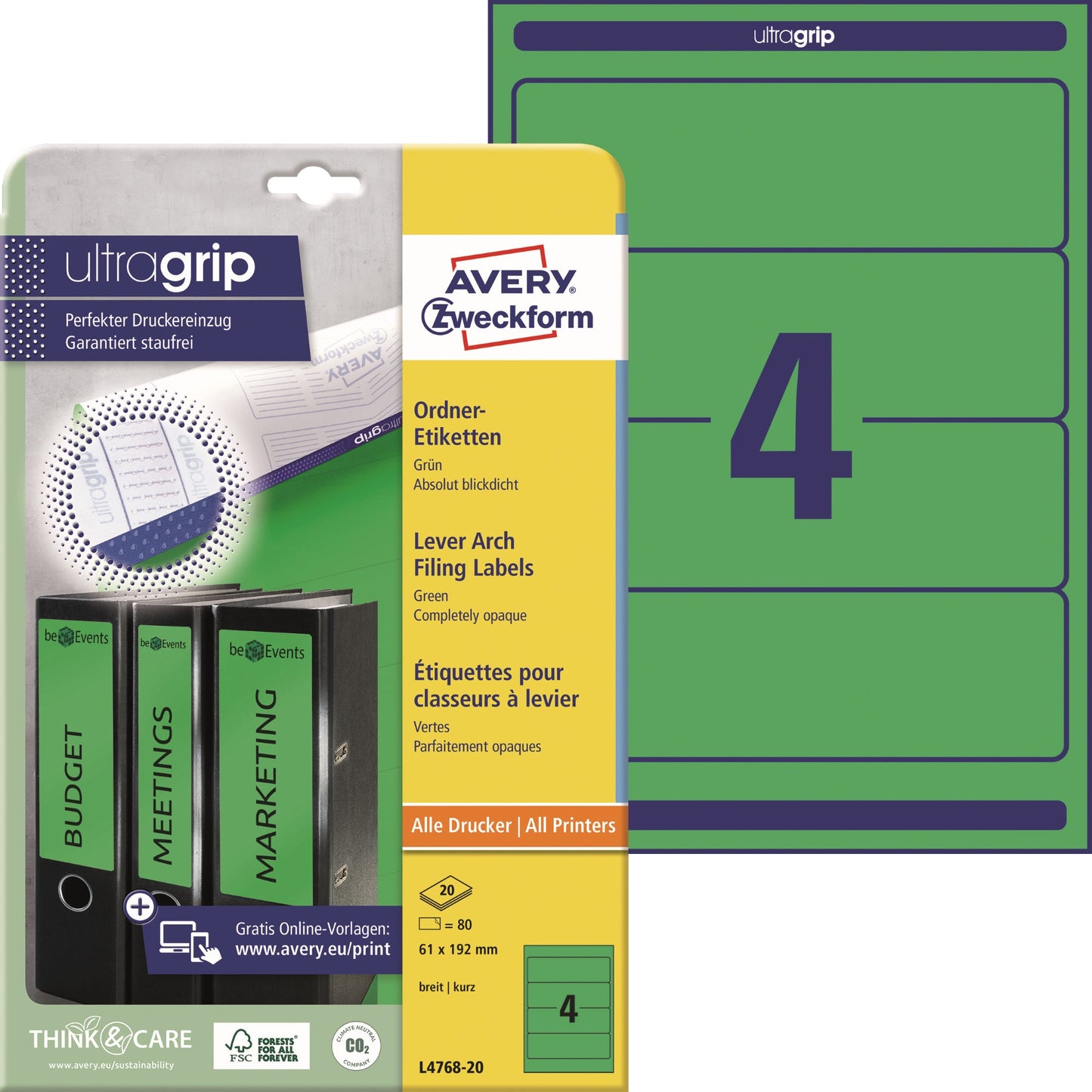 Avery Zweckform Ordnerrückenetikett ultragrip breit/kurz 61 x 192 mm (B x H) selbstklebend ohne Griffloch grün 80 Etik./Pack.