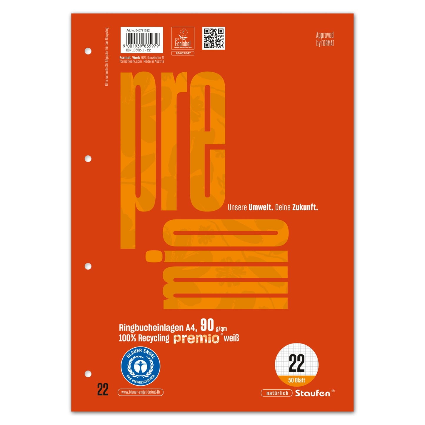 Staufen Ringbucheinlage Premio DIN A4 kariert 90g/m² 4fach Lochung weiß 50 Bl./Pack.