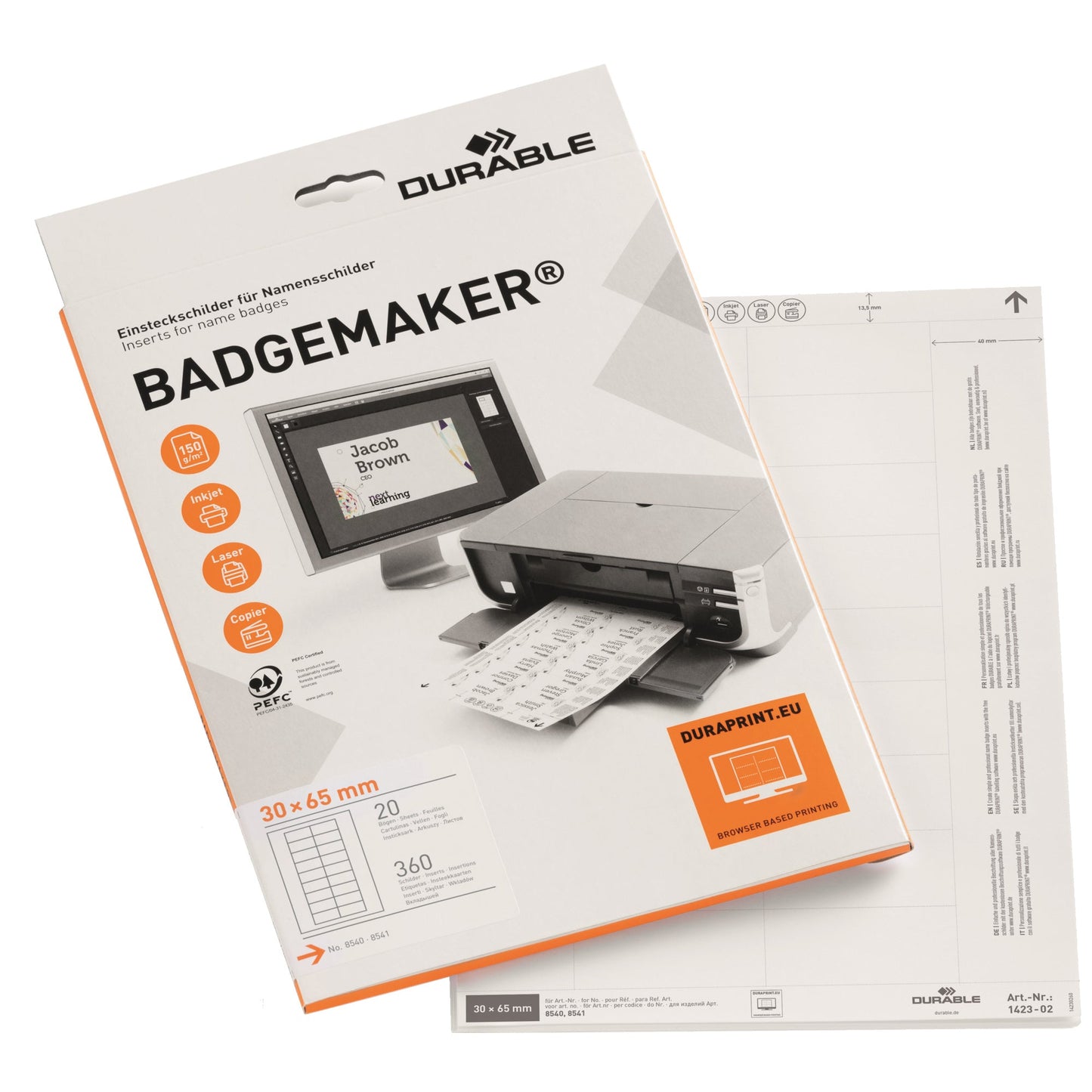 DURABLE Einsteckschild BADGEMAKER® 65 x 30 mm (B x H) Karton weiß 360 St./Pack.