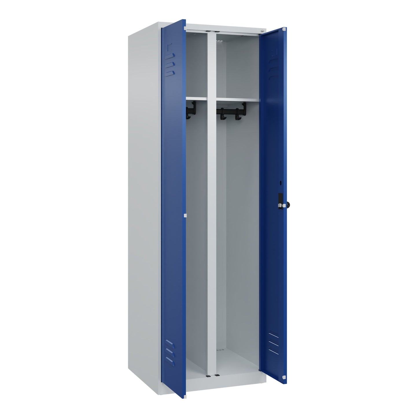 C+P Kleiderspind Classic PLUS 600 x 1.850 x 500 mm (B x H x T) 2 Abteile Stahl Farbe der Front: enzianblau Farbe des Korpus: lichtgrau