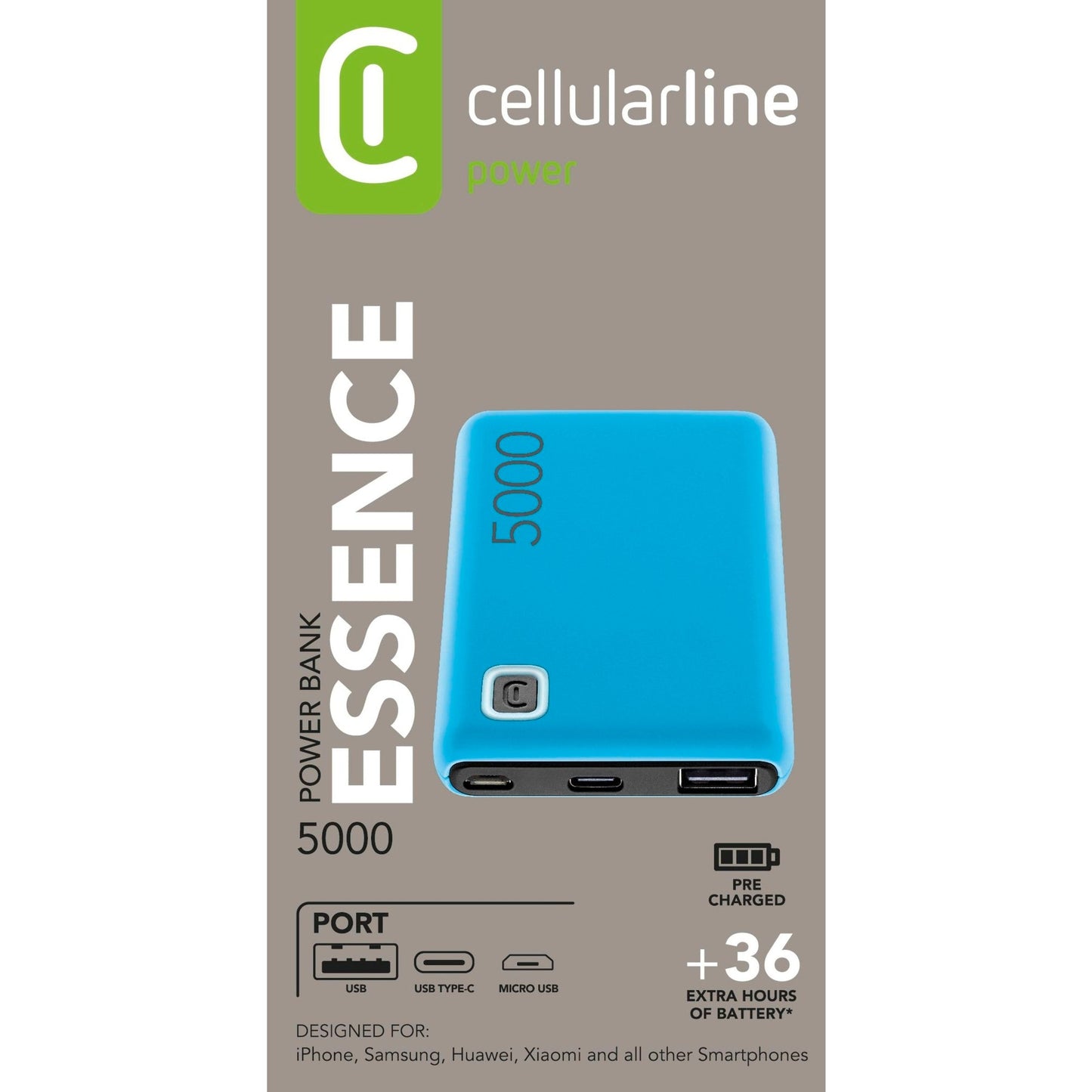 cellularline Powerbank ESSENCE Eingang: Mico-USB-B, USB-C, Ausgang: USB-A inkl. USB-C-Kabel blau