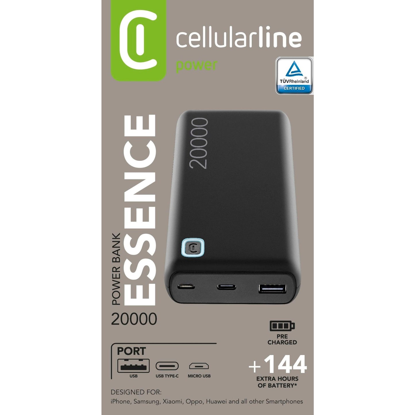 cellularline Powerbank ESSENCE Eingang: Mico-USB-B, USB-C, Ausgang: USB-A inkl. USB-C-Kabel schwarz