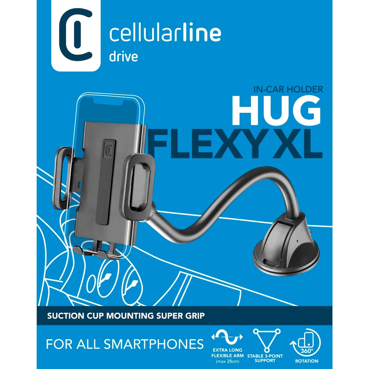 cellularline Kfz-Halterung HUG FLEXI XL Smartphones bis 9,5 cm (3,7") zur Befestigung an: Windschutzscheibe, Armaturenbrett schwarz