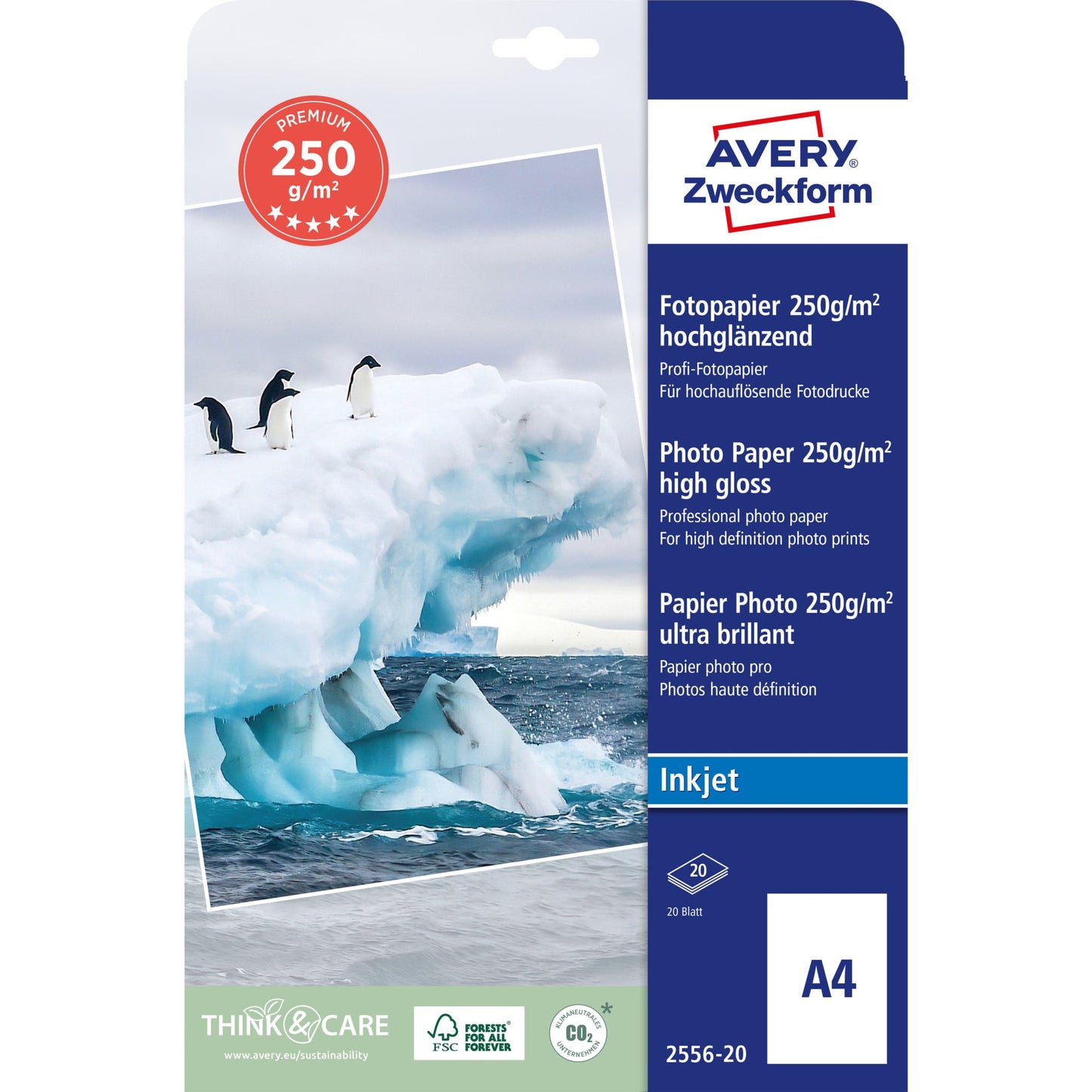 Avery Zweckform Fotopapier Premium DIN A4 250g/m² weiß hochglänzend 20 Bl./Pack.