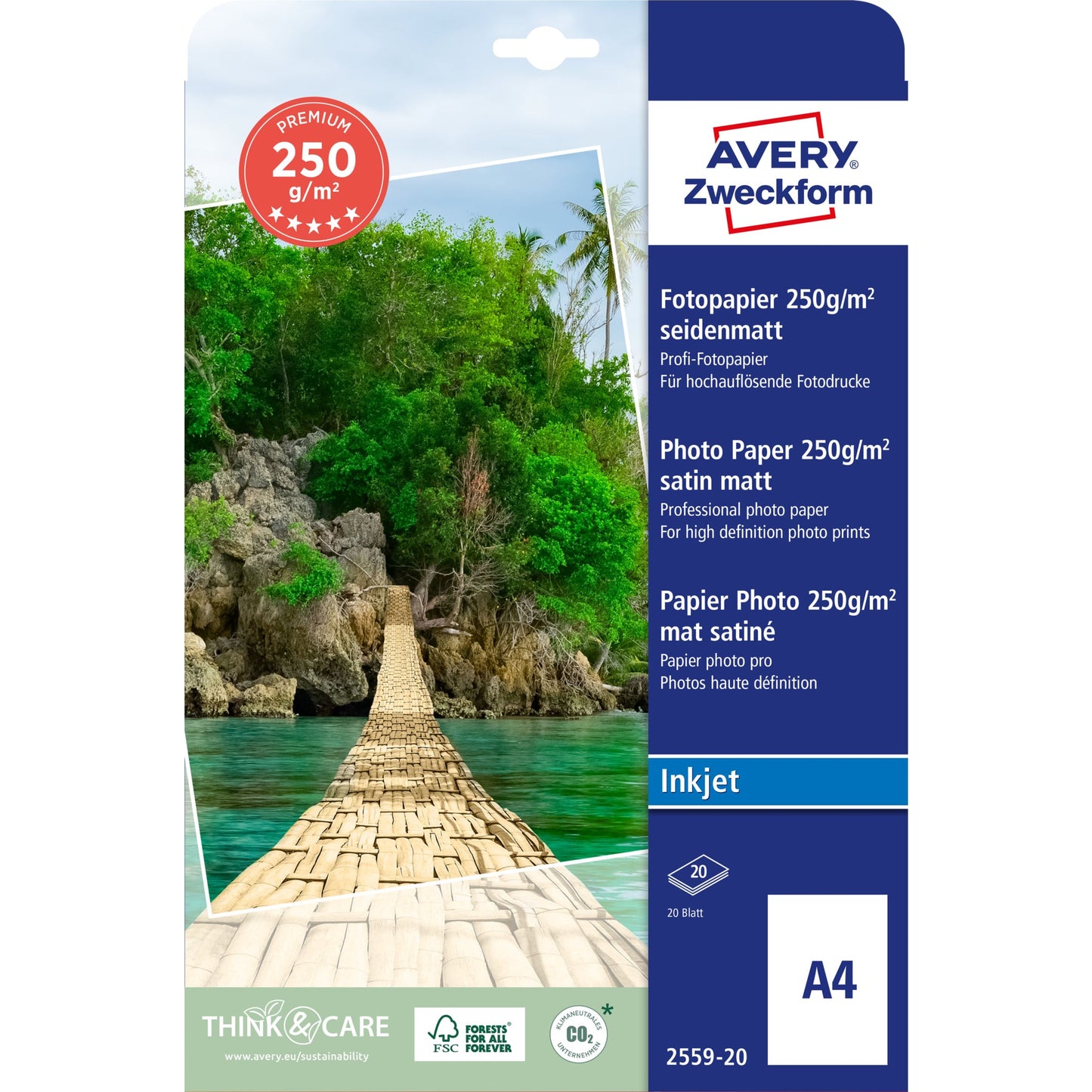 Avery Zweckform Fotopapier Premium DIN A4 250g/m² weiß seidenmatt 20 Bl./Pack.