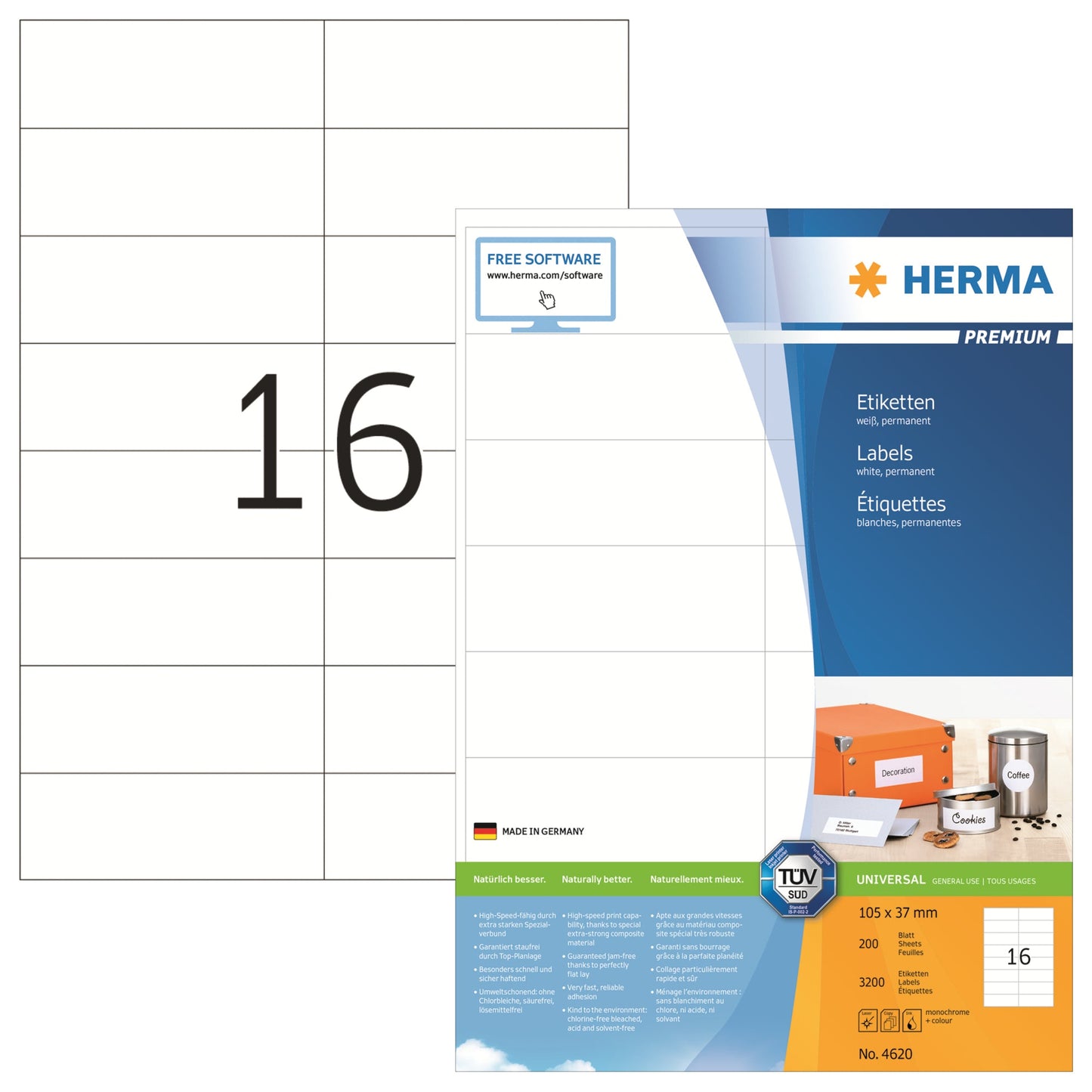 HERMA Universaletikett PREMIUM 105 x 37 mm (B x H) nicht wieder ablösbar Papier weiß 3.200 Etik./Pack.