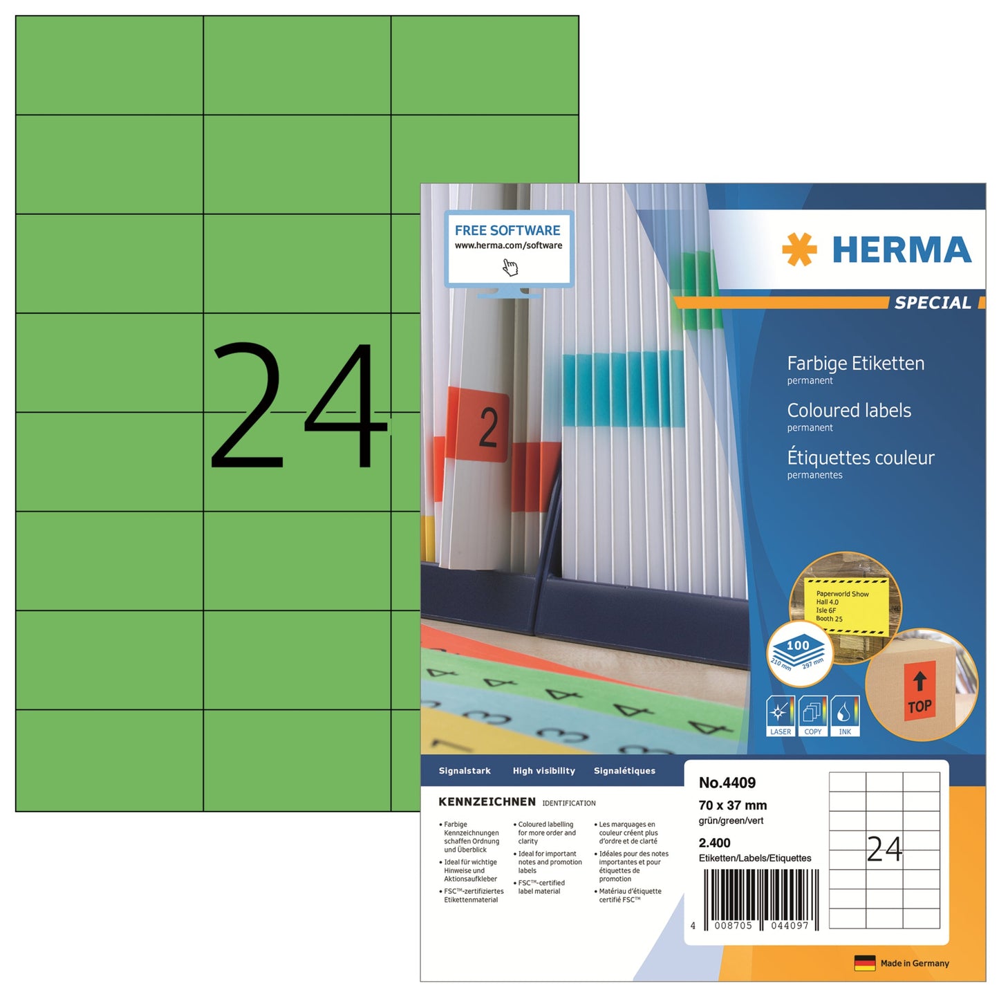HERMA Universaletikett farbig 70 x 37 mm (B x H) nicht wieder ablösbar Papier grün 2.400 Etik./Pack.
