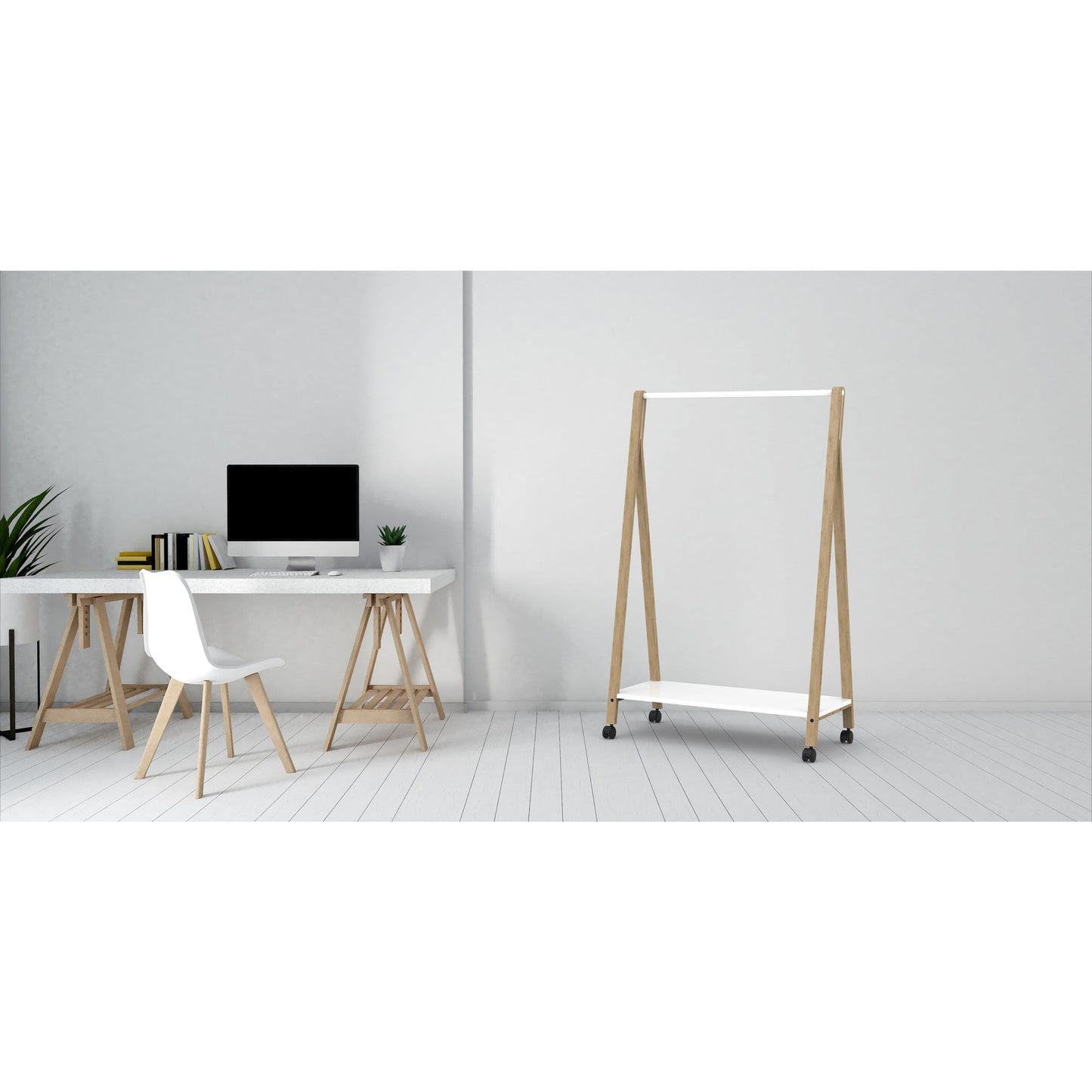ALBA Garderobenständer PMSLEEK 94 x 149 x 47 cm (B x H x T) Stahl, epoxylackiert/Holz/MDF/Kunststoff, 100 % recycelbar buche/weiß