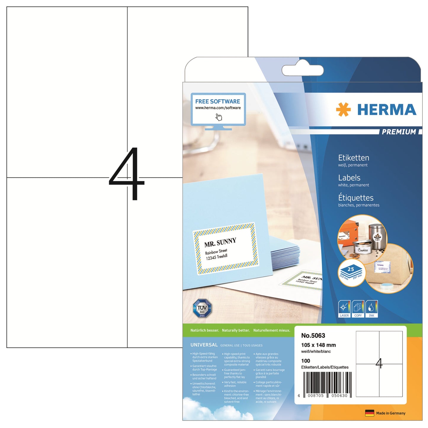 HERMA Universaletikett PREMIUM 105 x 148 mm (B x H) nicht wieder ablösbar Papier weiß 100 Etik./Pack.