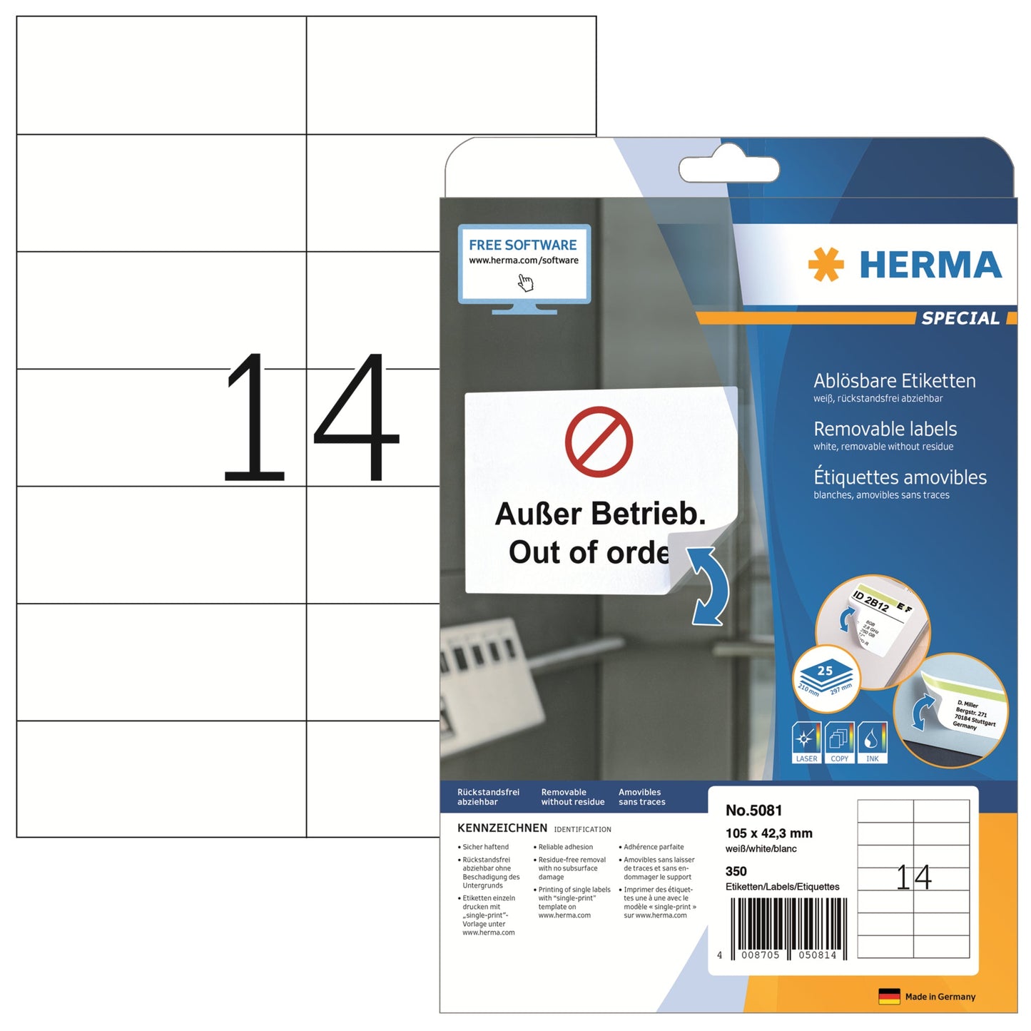 HERMA Universaletikett 105 x 42,3 mm (B x H) wieder ablösbar Papier weiß 350 Etik./Pack.