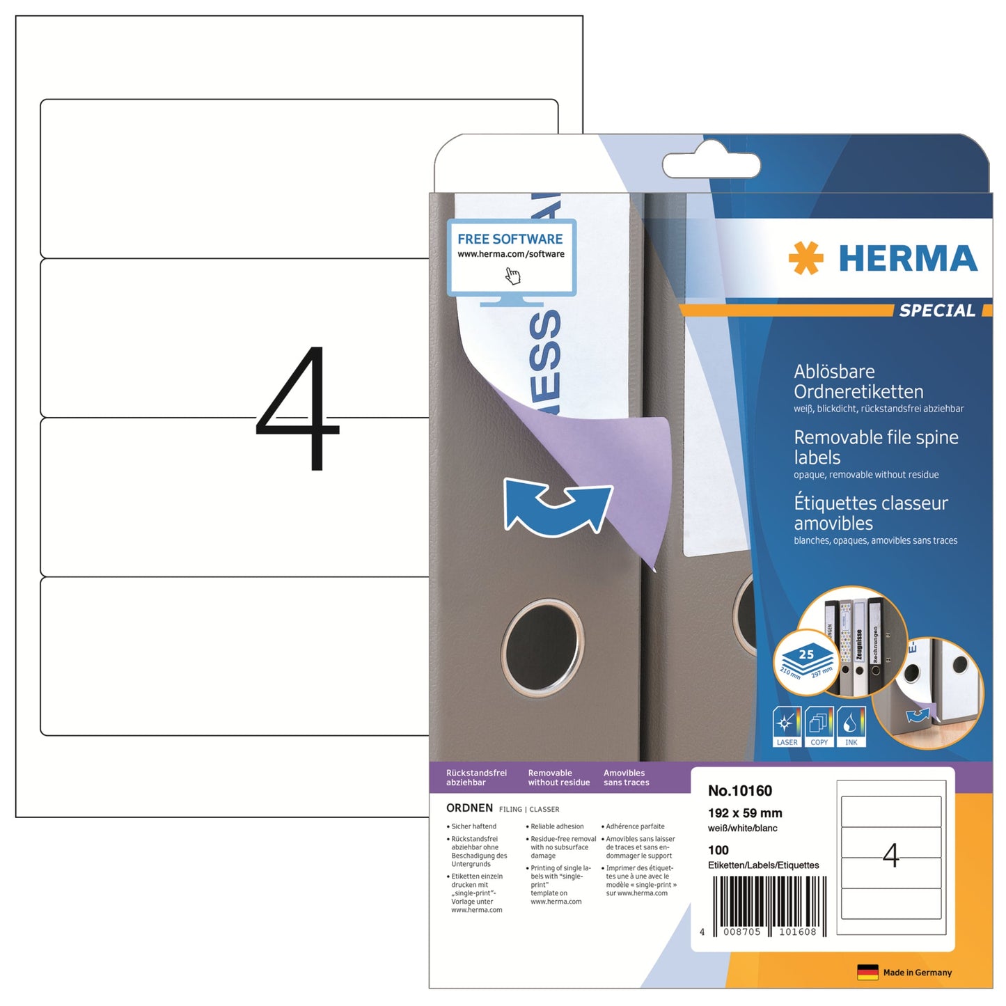 HERMA Ordnerrückenetikett breit/kurz 59 x 192 mm (B x H) selbstklebend ohne Griffloch weiß 100 Etik./Pack.