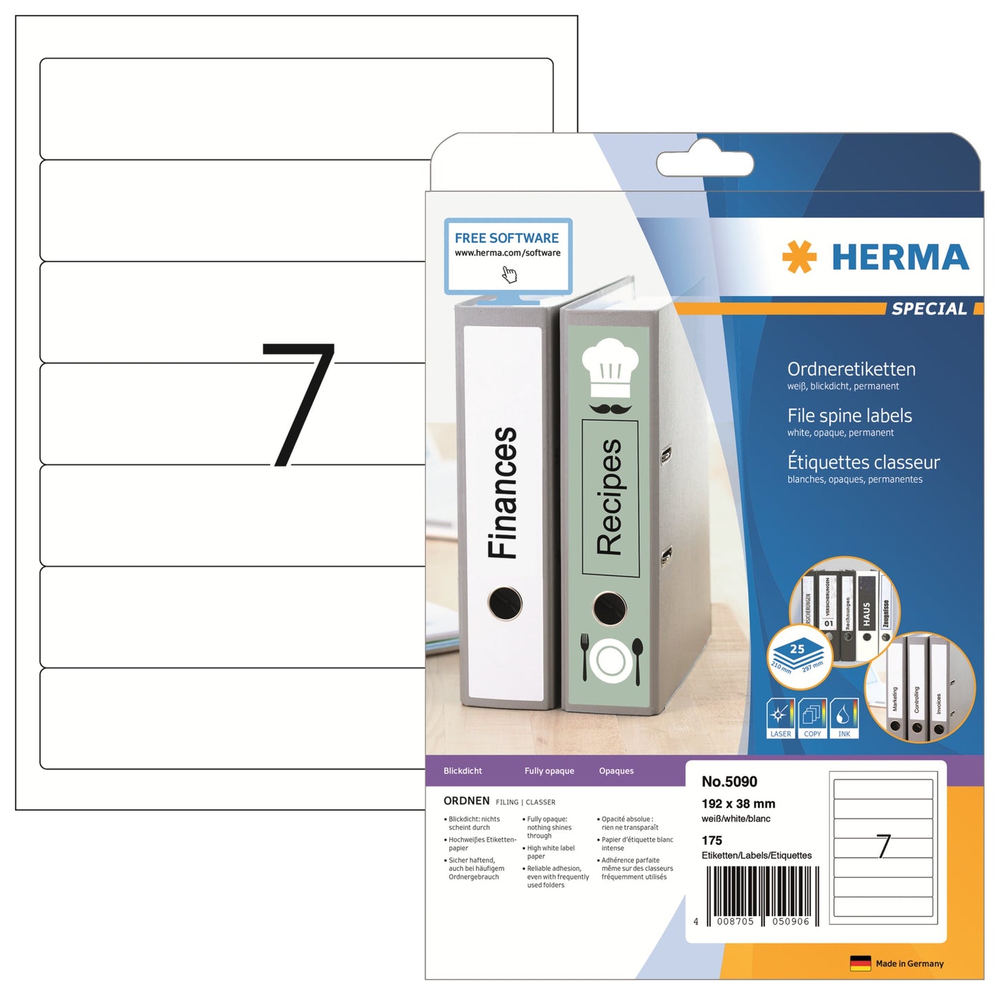 HERMA Ordnerrückenetikett schmal/kurz 38 x 192 mm (B x H) selbstklebend ohne Griffloch weiß 175 Etik./Pack.