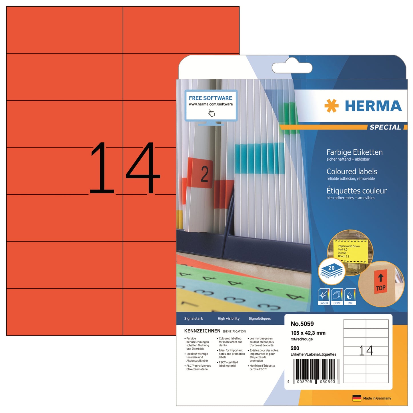 HERMA Universaletikett 105 x 42,3 mm (B x H) wieder ablösbar Papier rot 280 Etik./Pack.