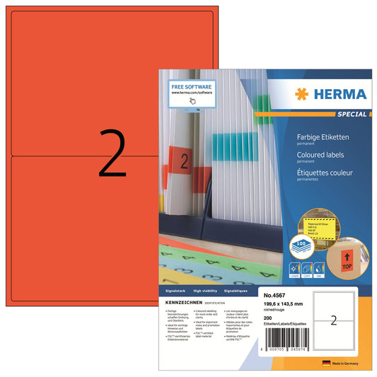 HERMA Universaletikett SPECIAL 199,6 x 143,5 mm (B x H) nicht wieder ablösbar Papier rot 200 Etik./Pack.