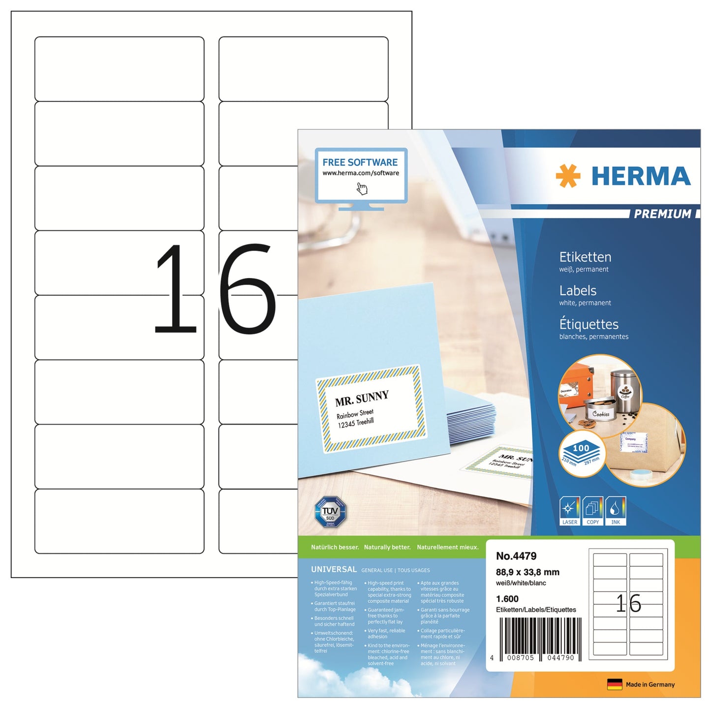 HERMA Universaletikett PREMIUM 88,9 x 33,8 mm (B x H) nicht wieder ablösbar Papier weiß 1.600 Etik./Pack.