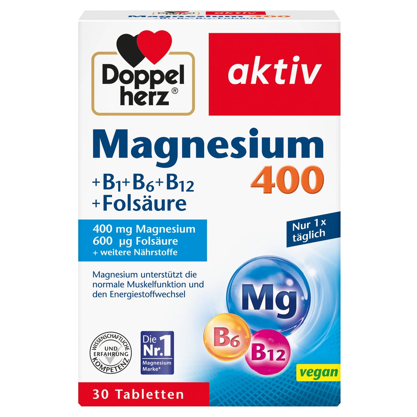 Doppelherz Nahrungsergänzungsmittel aktiv Magnesium 400 + B1 + B6 + B12 + Folsäure Tablette 30 St./Pack.