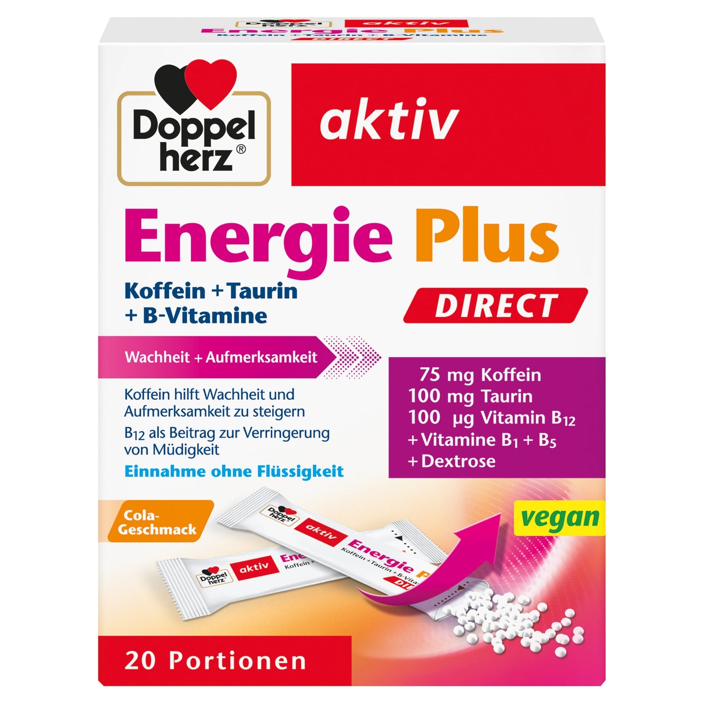 Doppelherz Nahrungsergänzungsmittel aktiv Energie Plus Direct Koffein + Taurin + B-Vitamine Cola Granulat 20 St./Pack.