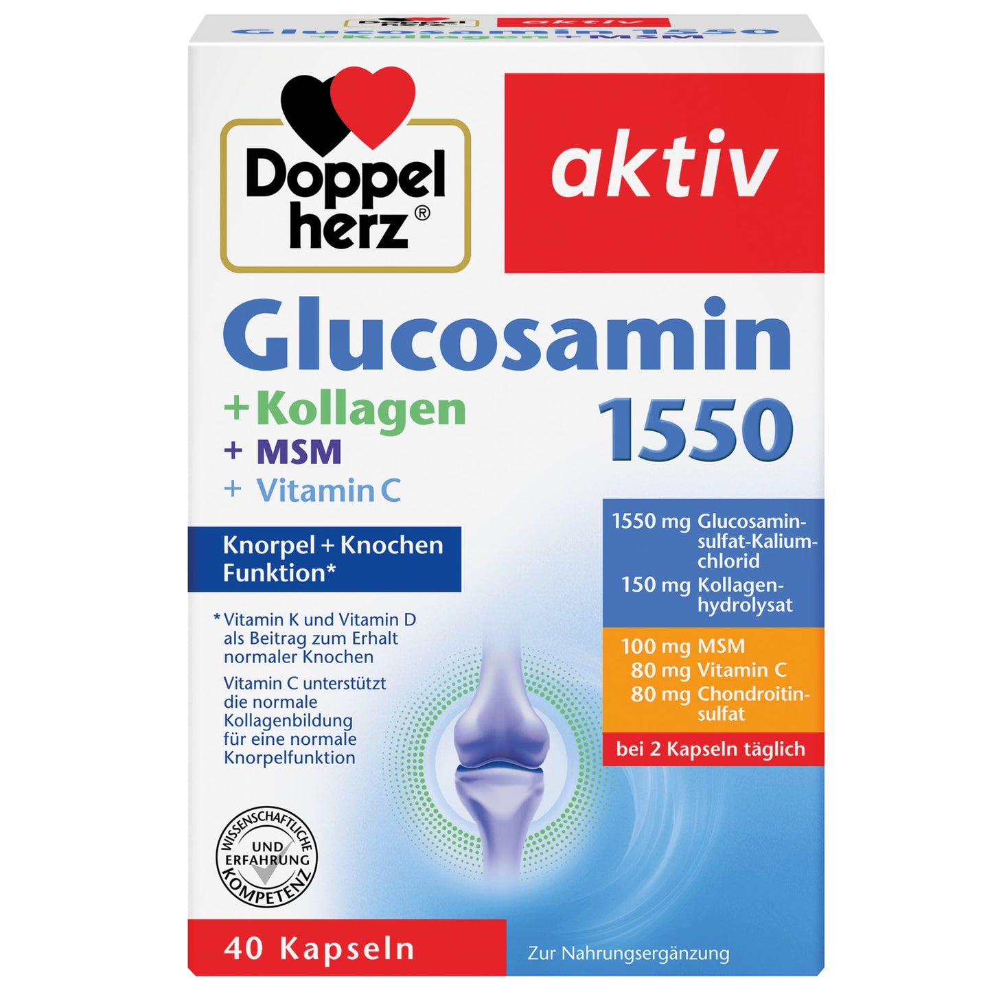 Doppelherz Nahrungsergänzungsmittel aktiv Glucosamin 1550 + Kollagen + MSM + Vitamin C Kapsel 40 St./Pack.
