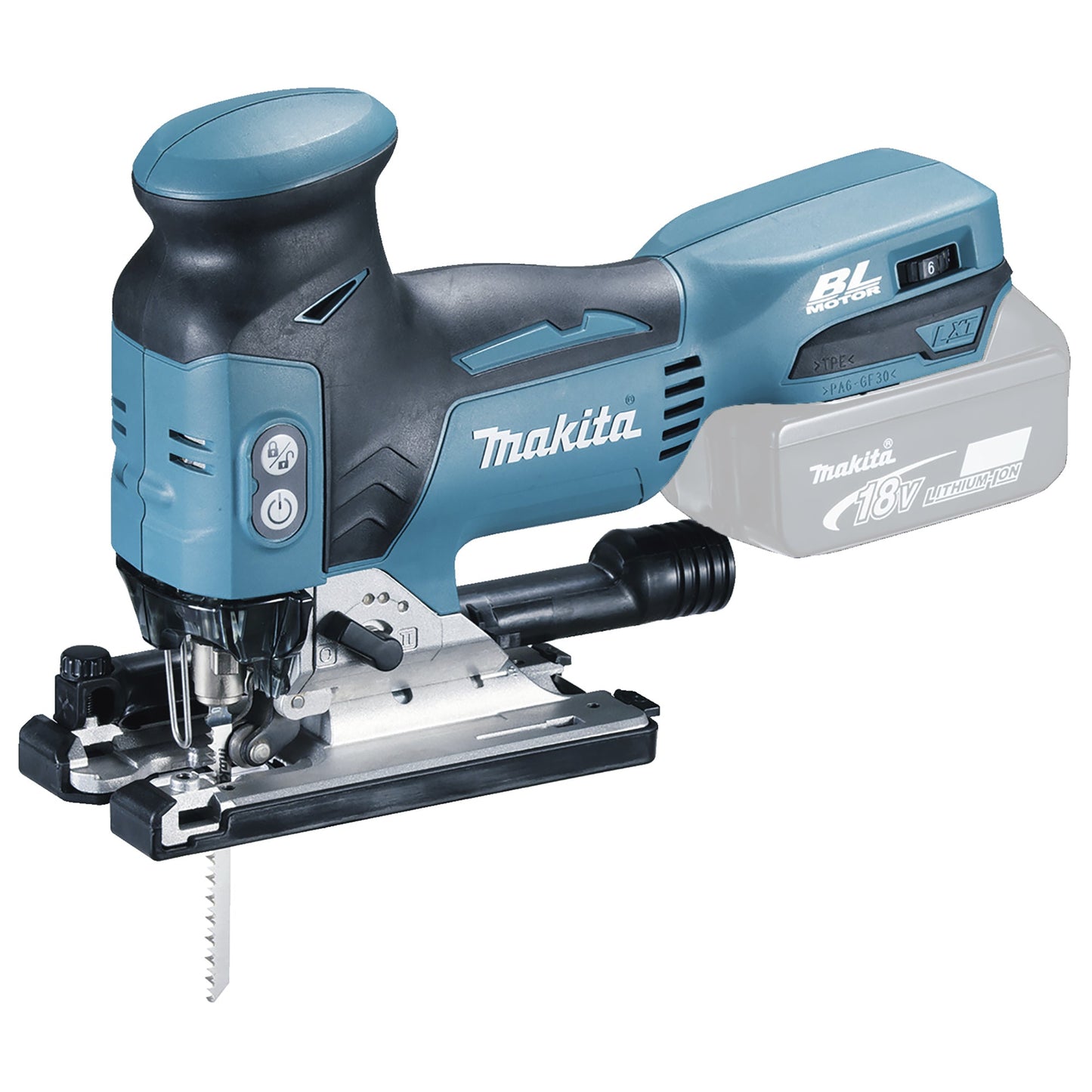 Makita® Säge DJV181Z Akku-Pendelhubstichsäge inkl. Absaugstutzen, Spanreißschutz, Gleitschuh, Sechskantstiftschlüssel (4 mm), Sticksägeblatt B-10 Holz/Kunststoff, Stichsägeblatt BR13 Holz Zubehör erforderlich