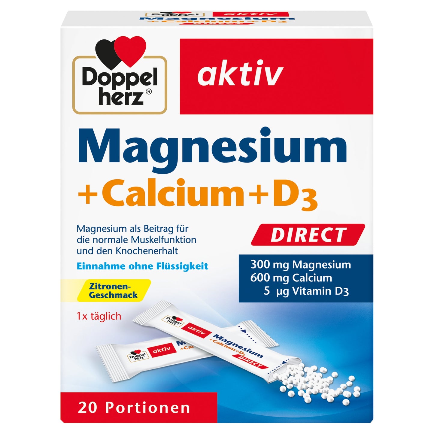 Doppelherz Nahrungsergänzungsmittel aktiv Magnesium + Calcium + D3 DIRECT Zitrone Granulat 20 St./Pack.