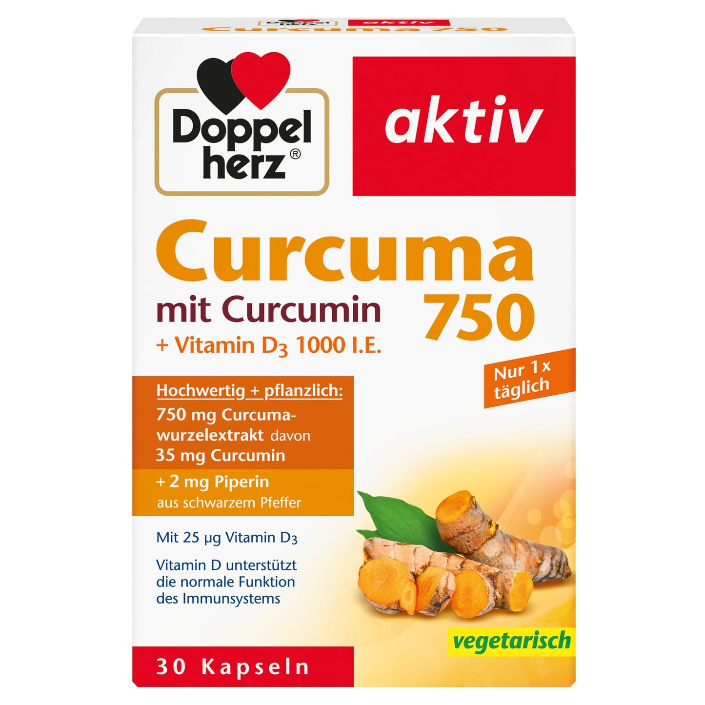 Doppelherz Nahrungsergänzungsmittel aktiv Curcuma 750 mit Curcumin + Vitamin D3 1000 I.E. Kapsel 30 St./Pack.